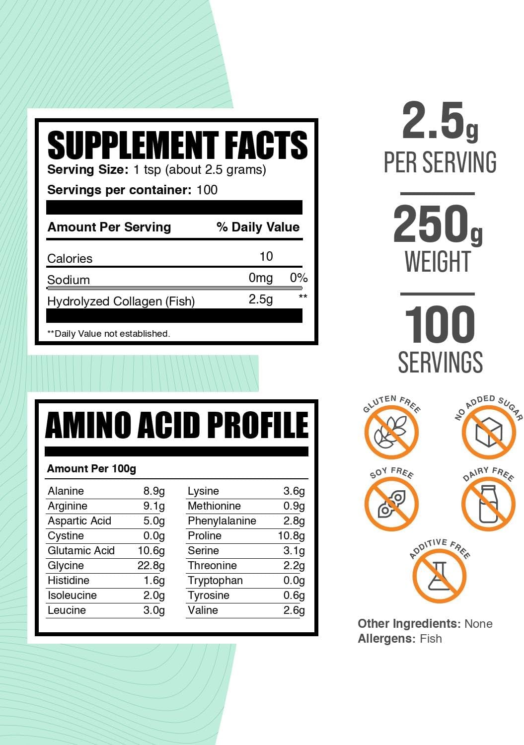 BulkSupplements.com Marine Collagen Powder - Marine Collagen Peptides Supplement, for Hair, Skin, & Nails - Hydyrolyzed & Gluten Free, 2.5g per Serving, 250g (8.8 oz) (Pack of 1)