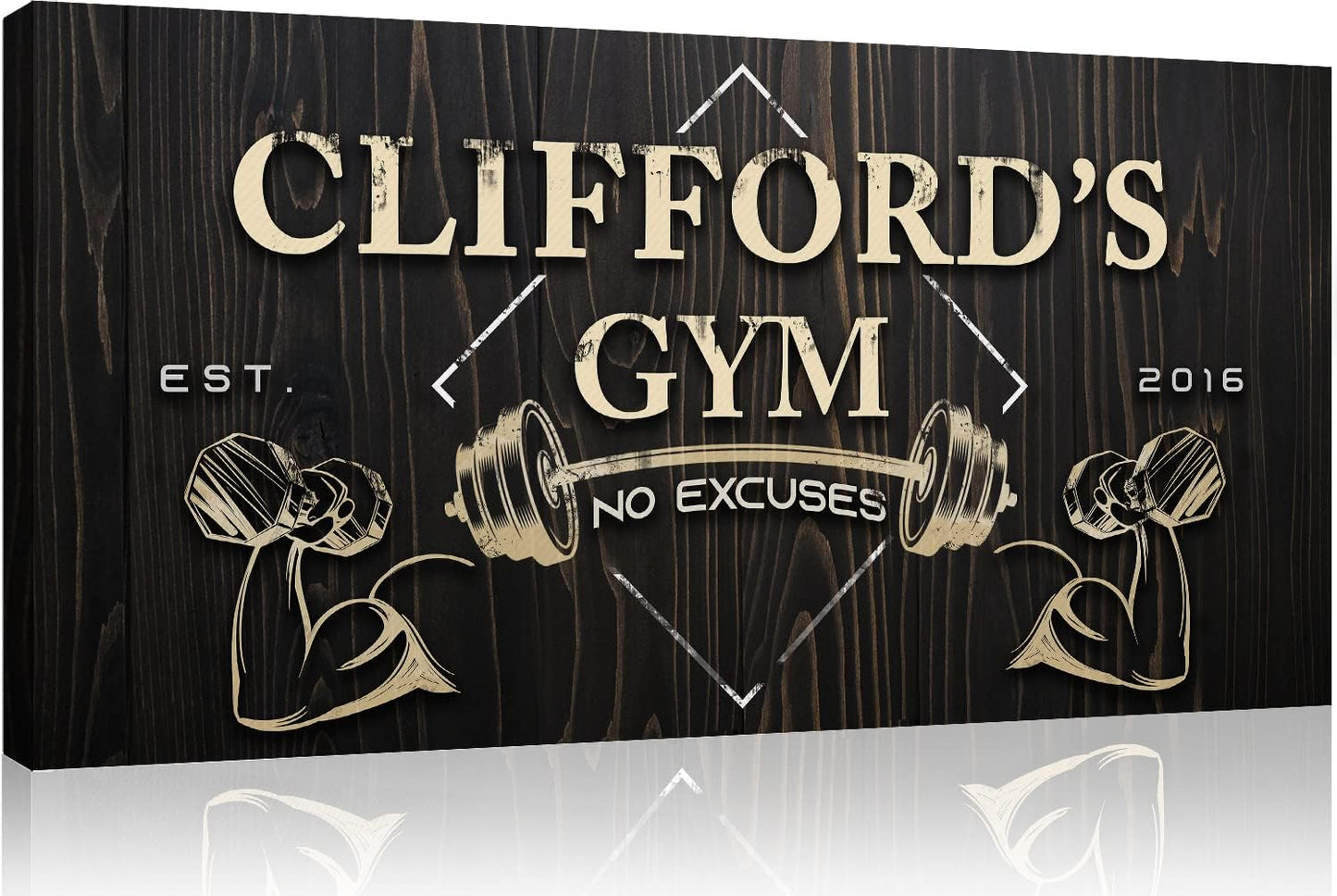 Tailored Canvases Personalized Gym Sign Wall Art Decor - Motivational Canvas for Home, Workout Room, Garage, Fitness Center - Inspirational Posters With Name on Wooden Background, 48x24in