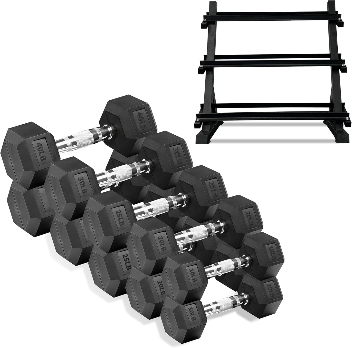 Ritafer 6-10 Pair Hex Rubber Dumbbell Set 350/450 and 550 lbs（5-50 lbs ）Hand Free Weight for Strength Coated Encased Iron Weights with Dumbbells Storage Rack Home Gym