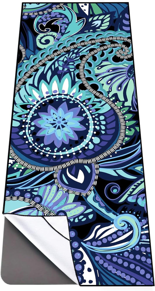 QiyI Yoga Mat Towel with Corner Pockets, Non Slip Sweat Absorbent Hot Yoga Towels, Soft Yoga Blankets with Travel Bag, Skidless Mat Cover for Workout, Gym, Fitness - 70"x26", Vintage Paisley