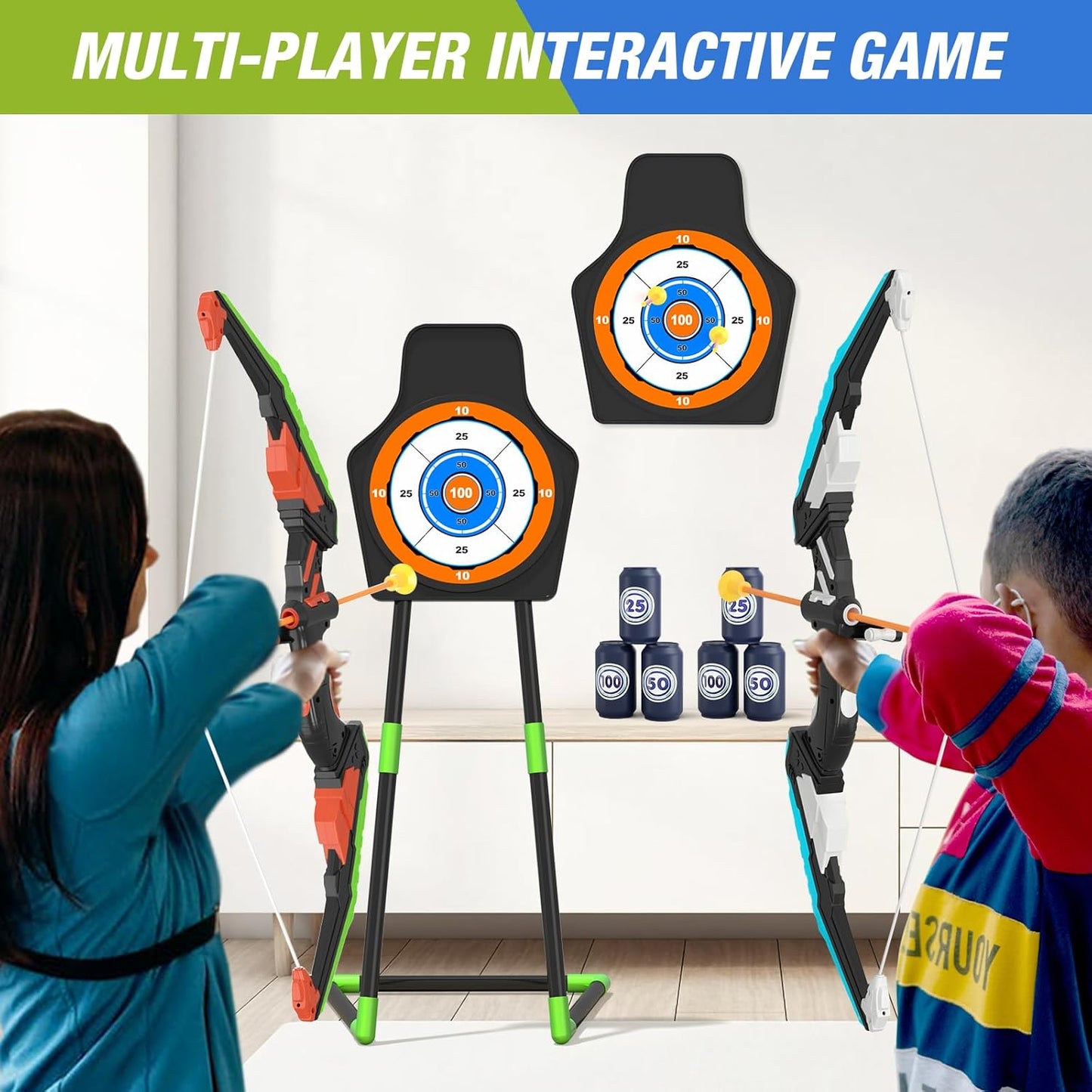 2 Pack Bow and Arrow for Kids, LED Light Up Archery Set with 24 Suction Cup Arrows, 1 Standing Target, 6 Score Targets & 2 Quiver, Indoor Outdoor Sport Gifts for Boys Girls Ages 4-8