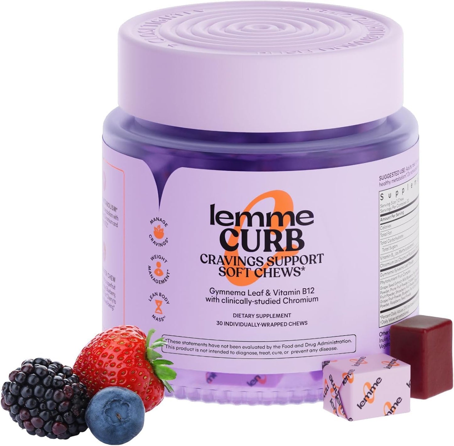 Lemme Curb Cravings Soft Chews - Manage Appetite, Support Metabolism & Lean Body w/Clinically Studied Chromium, Gymnema & B12 for Healthy Weight Management, Mixed Berry