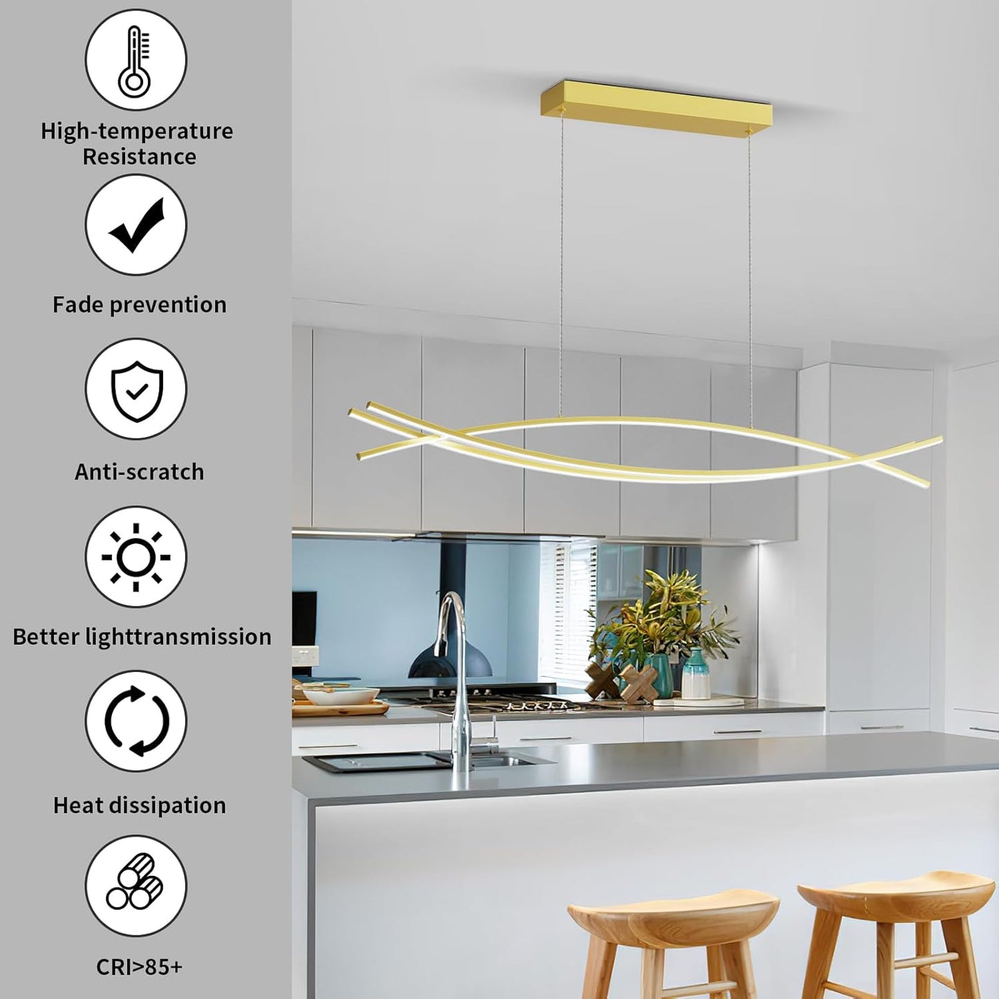 Modern LED Pendant Lights, 47in Gold Chandelier Dimmable with Remote Control 3000k-6000K Adjustable Color Temperature, Aluminum Island Lighting Lamp Fixture for Kitchen, Dining Room