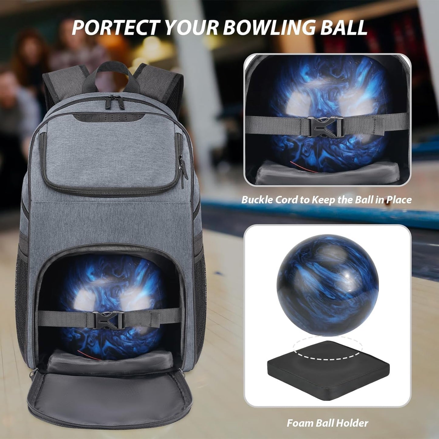 Bosynoy Bowling Backpack, Bowling Ball Bag Totes for Single Ball with Shoe Compartment & Foam Padded, Fits Shoes Up to US Mens Size 16, Grey