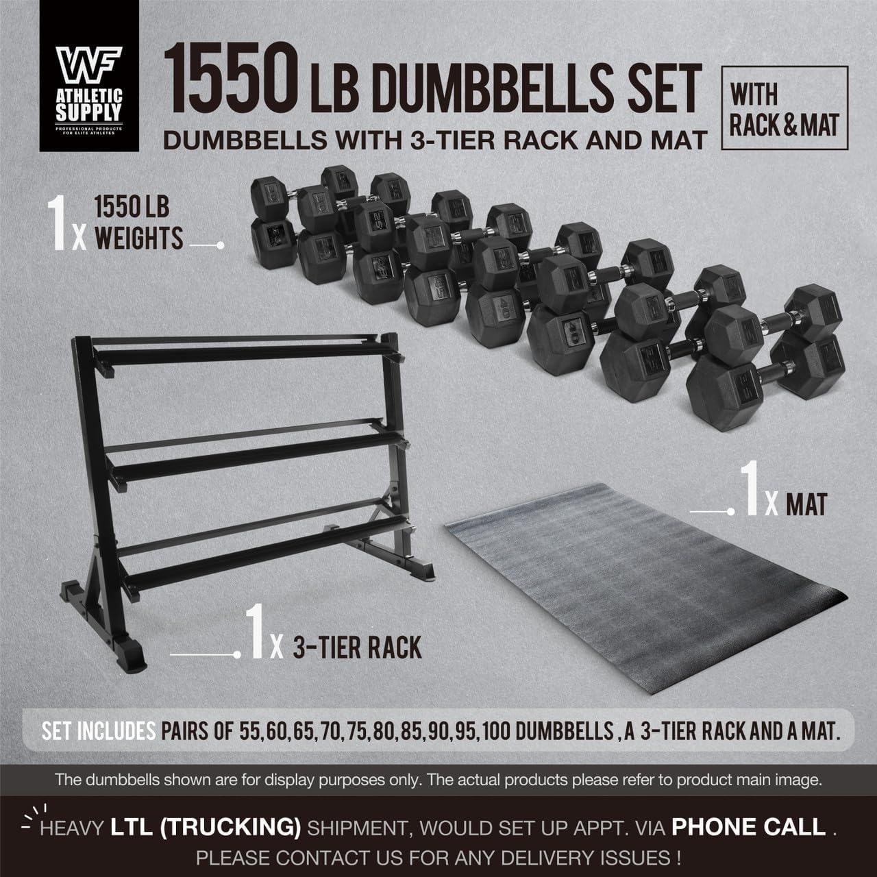 WF Athletic Supply Rubber Encased Hex Dumbbells with Rubber Grip Contoured Handle for Muscle Toning, Strength Building & Full Body Workout