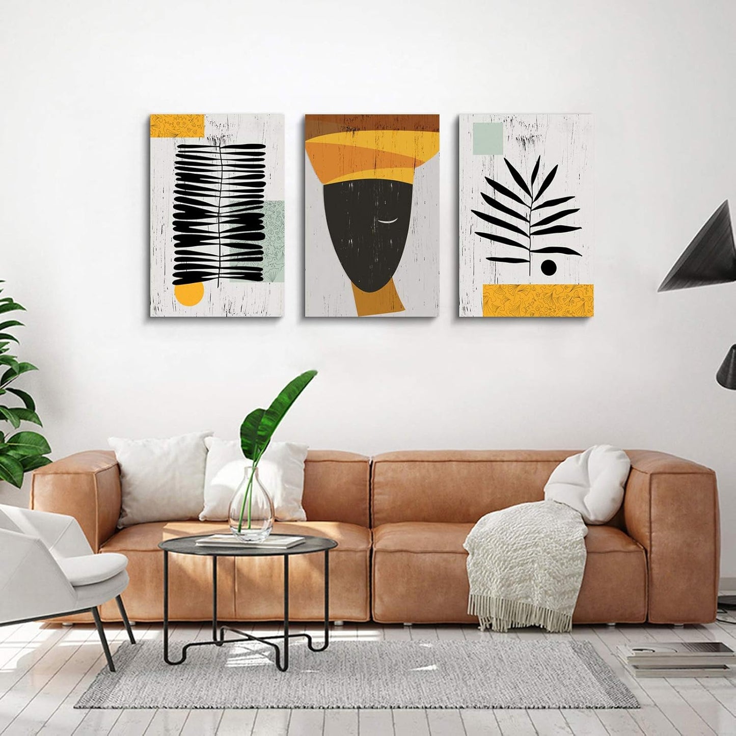 Framed Canvas Wall Art African Ethno Motive Wall Art Set, Abstract Ethno Art, African American Woman Portrait, Black Orange Print, Contemporary Collage, Minimalist (S-3pcs,20x30inchx3pcs)