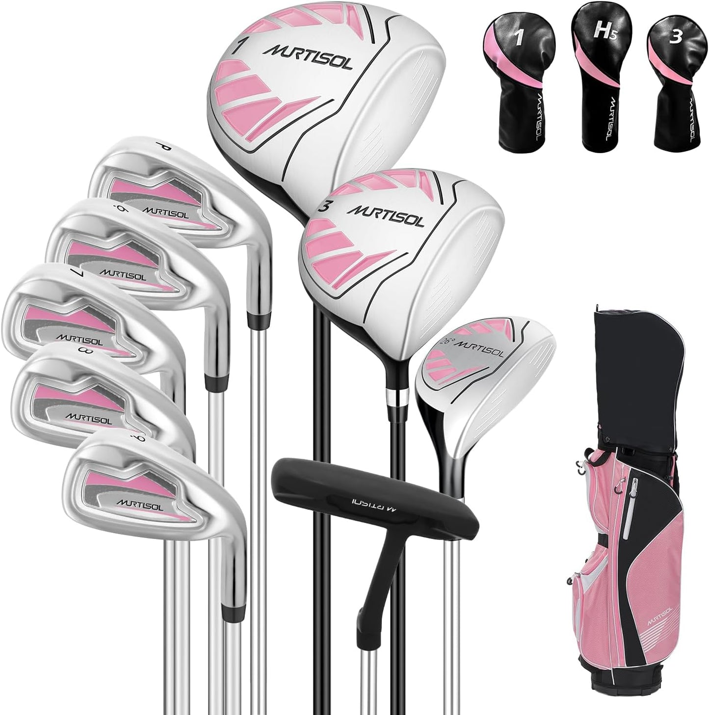 10 Pieces Complete Mens Womens Golf Clubs Set Right Hand for Men Women Includes Stand Bag with Rain Hood, 1#Driver 3#Wood #5 Hybrid,with 3 Head Covers, 6# 7# 8# 9# PW# Irons and Putter
