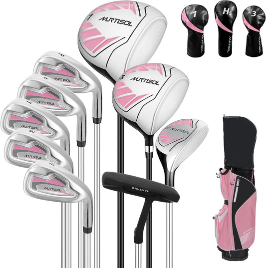 10 Pieces Complete Mens Womens Golf Clubs Set Right Hand for Men Women Includes Stand Bag with Rain Hood, 1#Driver 3#Wood #5 Hybrid,with 3 Head Covers, 6# 7# 8# 9# PW# Irons and Putter