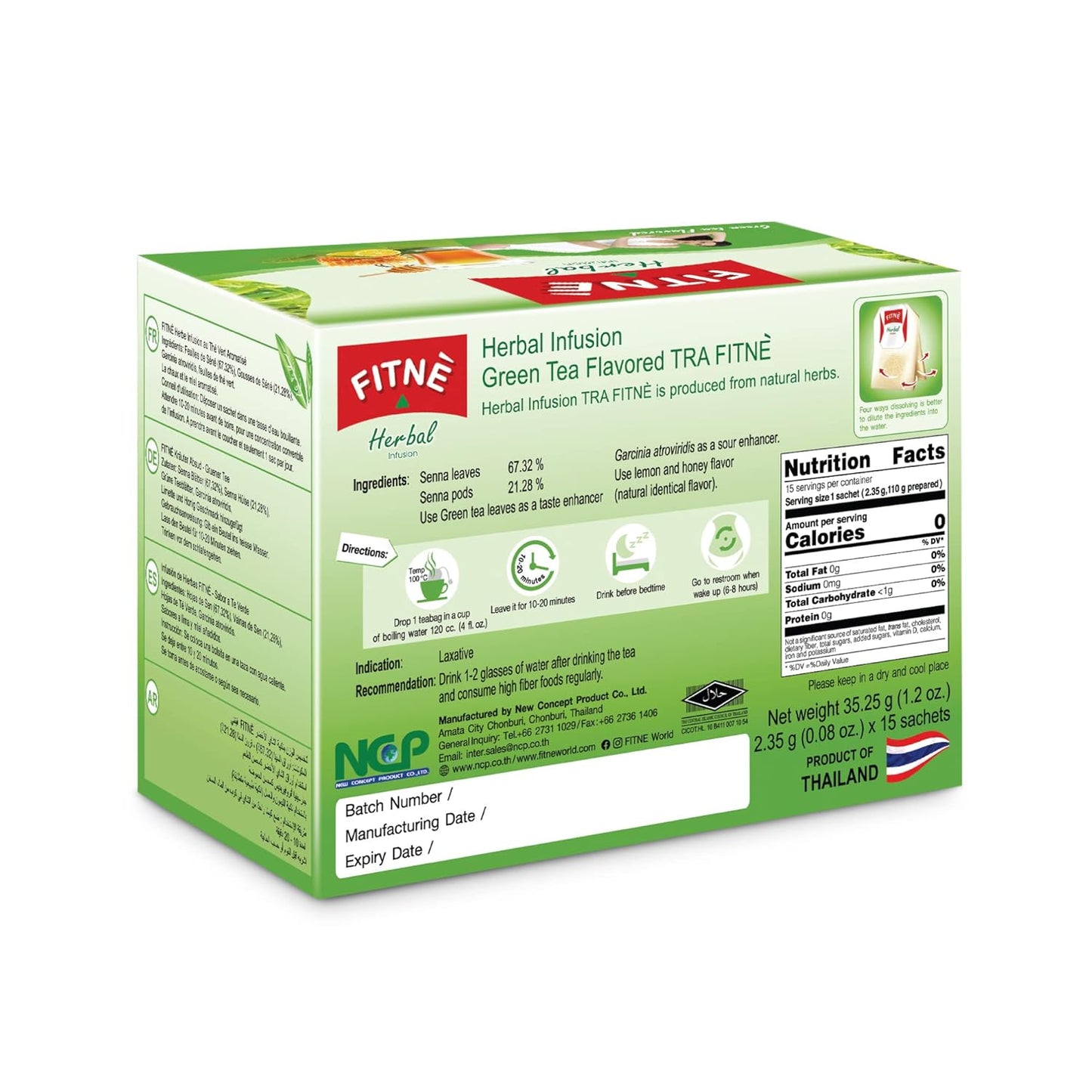FITNE Green Tea Herbal Honey Lemon With Garcinia Senna Infusion Gentle Detox Cleanse High Antioxidant No Calories Stevia Sweetener, 15 Tea Bags