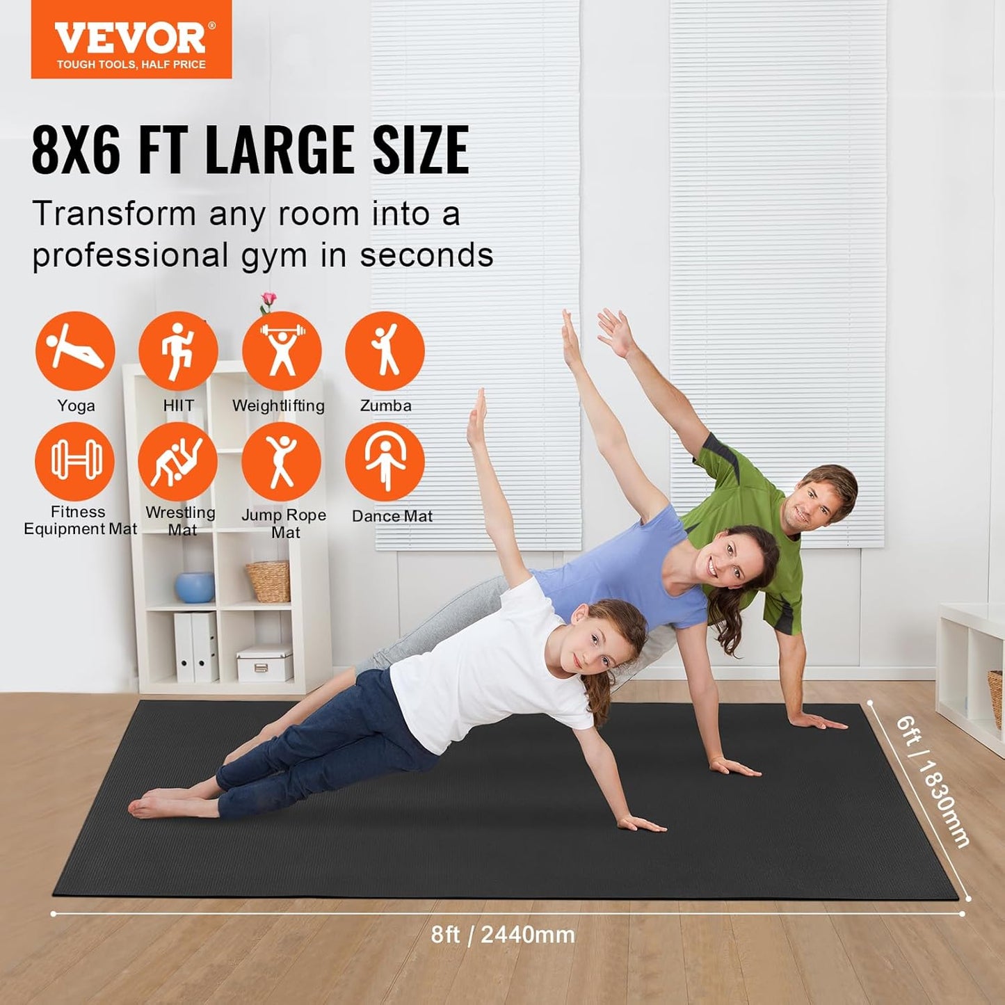 VEVOR Large Exercise Mat, Non Slip High Density Premium Yoga Mat, Exercise Yoga Mat for Men Women, Fitness & Exercise Mat with Bag & Carry Strap, for All Types of Home Yoga, Pilate & Floor Workout