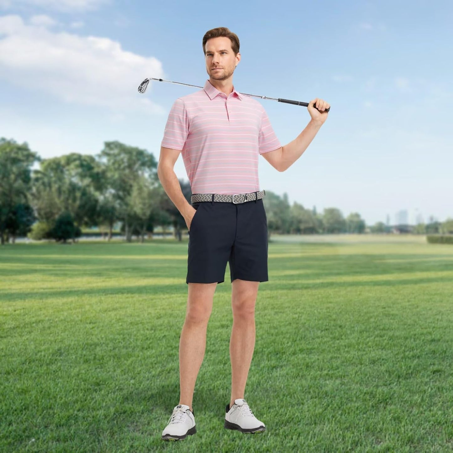 Rouen Mens Golf Shirt Moisture Wicking Dry Fit Performance Stripe Casual Collared Short Sleeve Golf Polo Shirts for Men