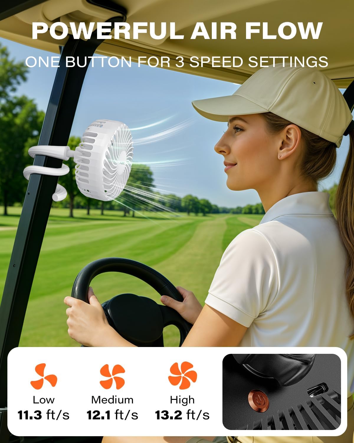A2C Golf Cart Fan Rechargeable – 3-Speed, 360° Adjustable Gooseneck | 4000mAh Battery | Compatible with Golf Carts & Push/Pull Carts(White Version)