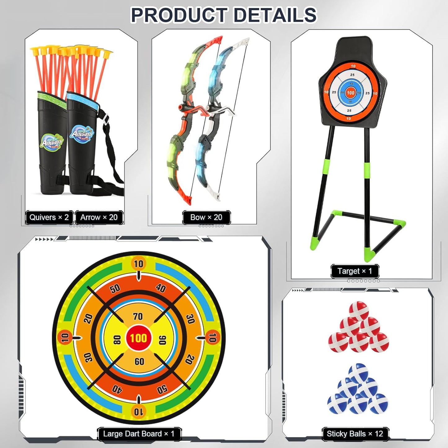 2 Pack Bow and Arrow Set with 29in Large Dart Board, LED Light Up Archery Set for Kids with 20 Suction Cup Arrows&12 Sticky Balls Standing Target Indoor Outdoor Toys Must Have for Boys Girls 3-12 yo