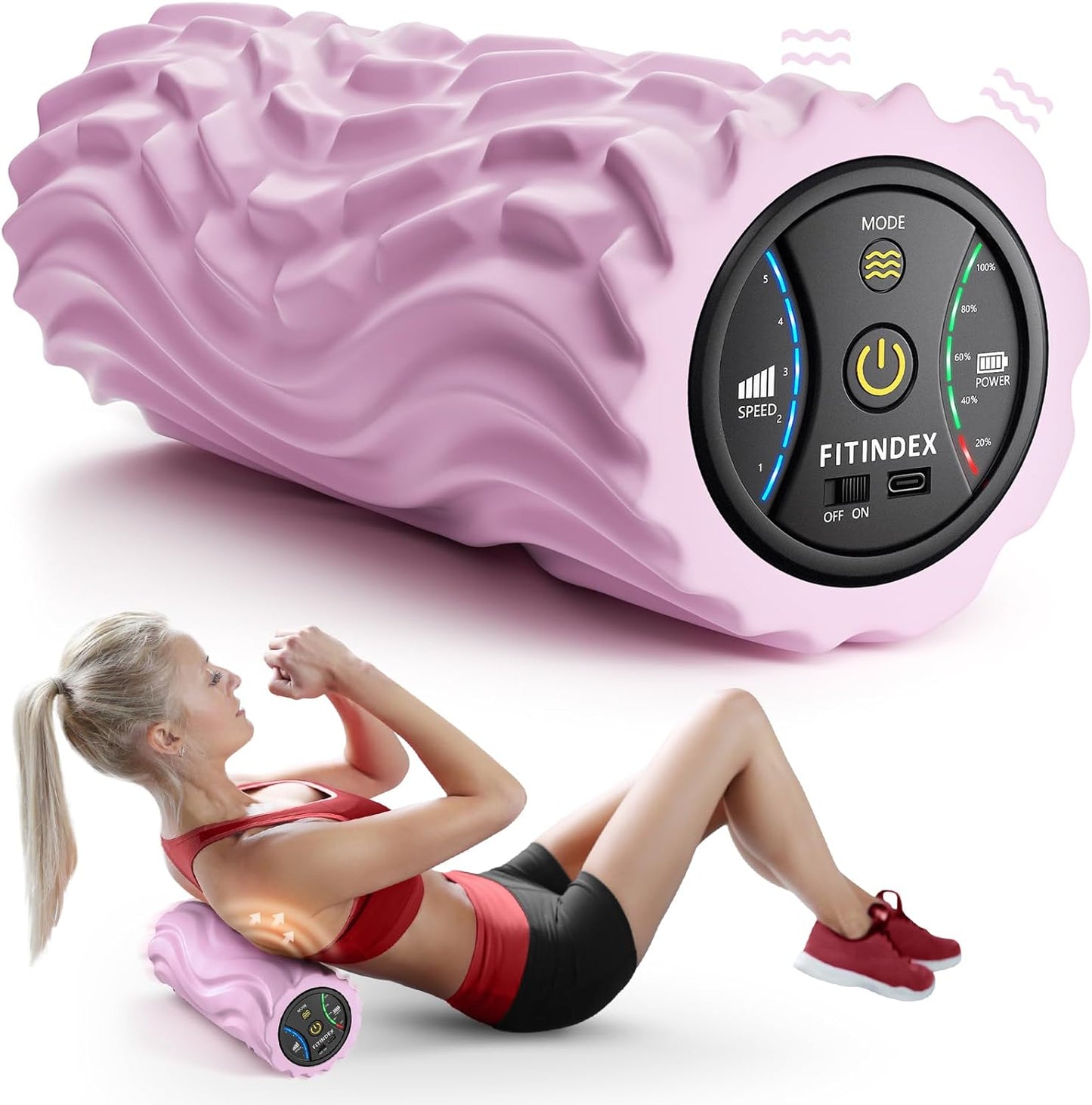 FITINDEX Vibrating Foam Roller for Back Pain, 5-Speed Foam Roller Muscle Massage, Exercise, Yoga, Muscles Deep Tissue, Pilates, Physical Therapy, Recovery, Neck, Leg, Rechargeable, Pink