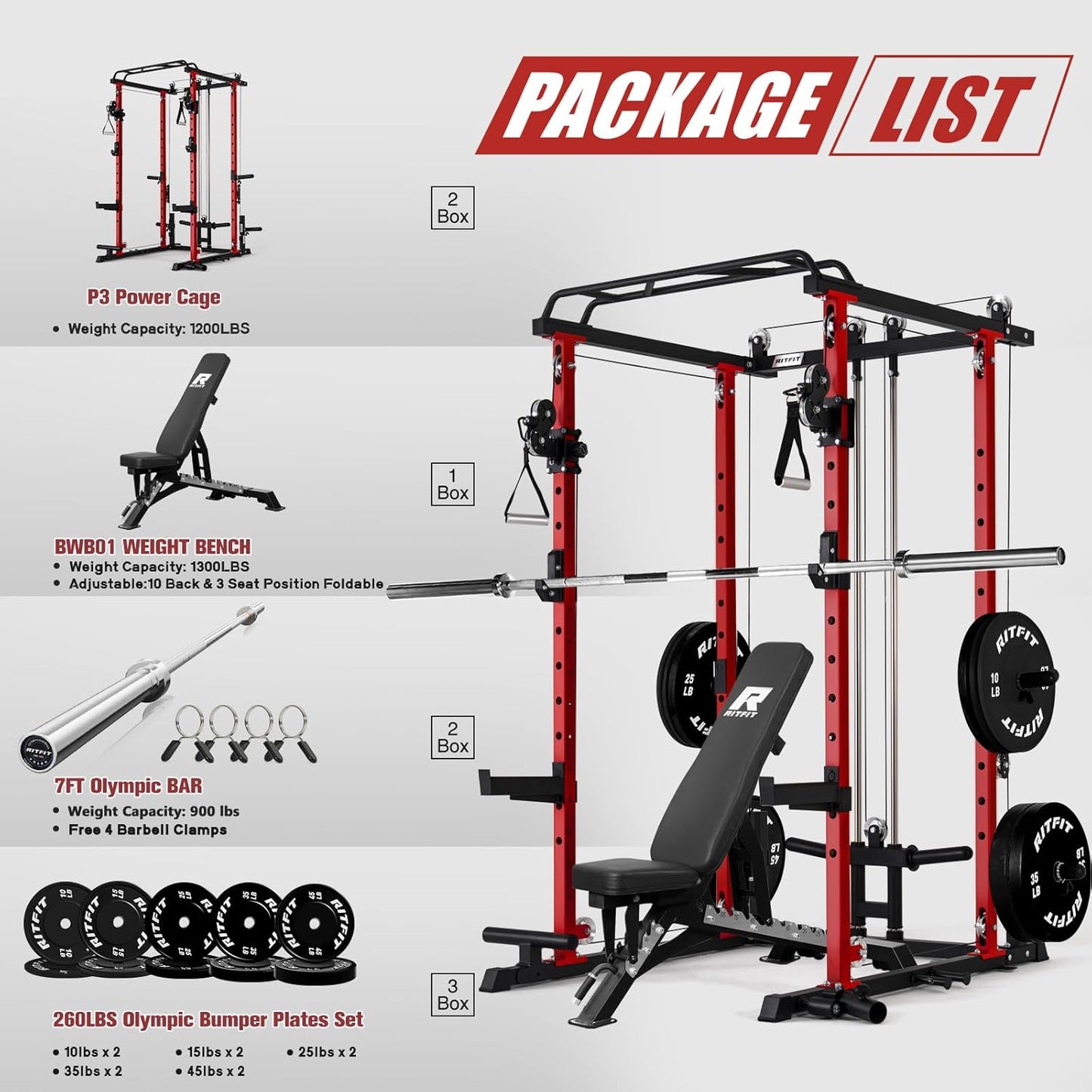 RitFit Power Cage with Optional LAT PullDown/Cable Crossover, 1000LB Squat Rack for Home & Garage Gym, with Weight Storage Rack and More Training Attachments, ASTM-Certified