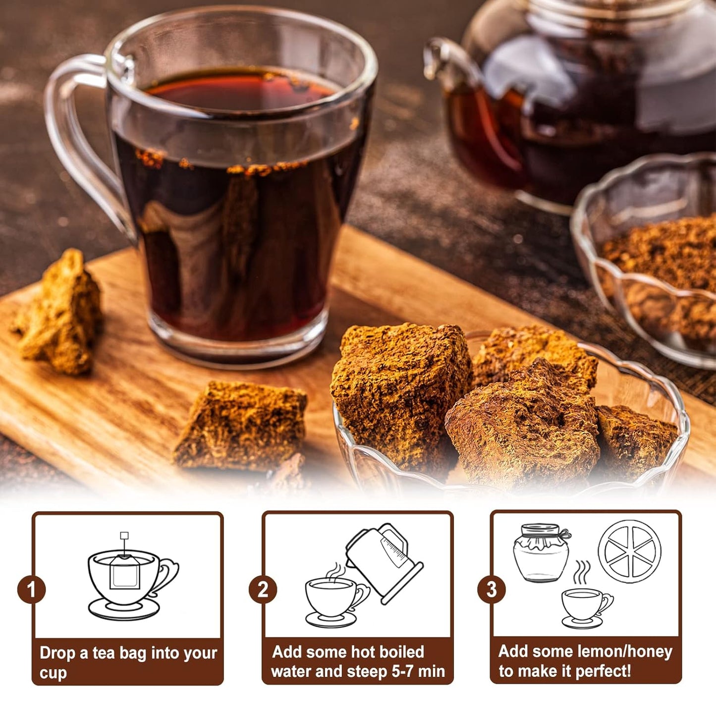 TEARELAE - Chaga Tea - 2g x 40 Count - Wild Harvest from Siberia - 100% Pure Natural Chaga Mushroom Tea Bag - Additive-Free - Non-GMO - Caffeine-free