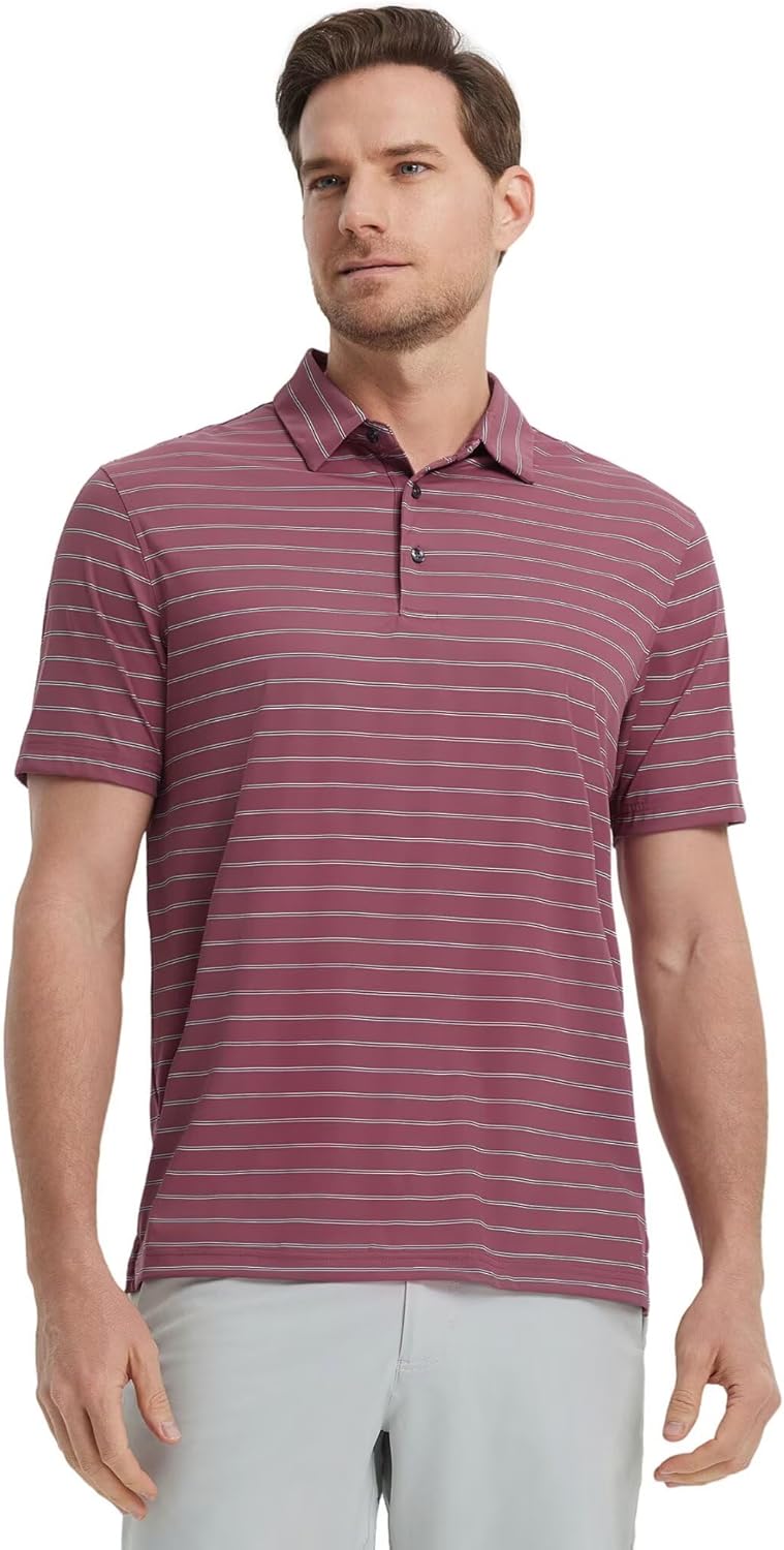 M MAELREG Mens Striped Golf Shirts Short Sleeve Silk-Like Touch Water-Resistant Breathable Soft Collared Polo Shirts for Men