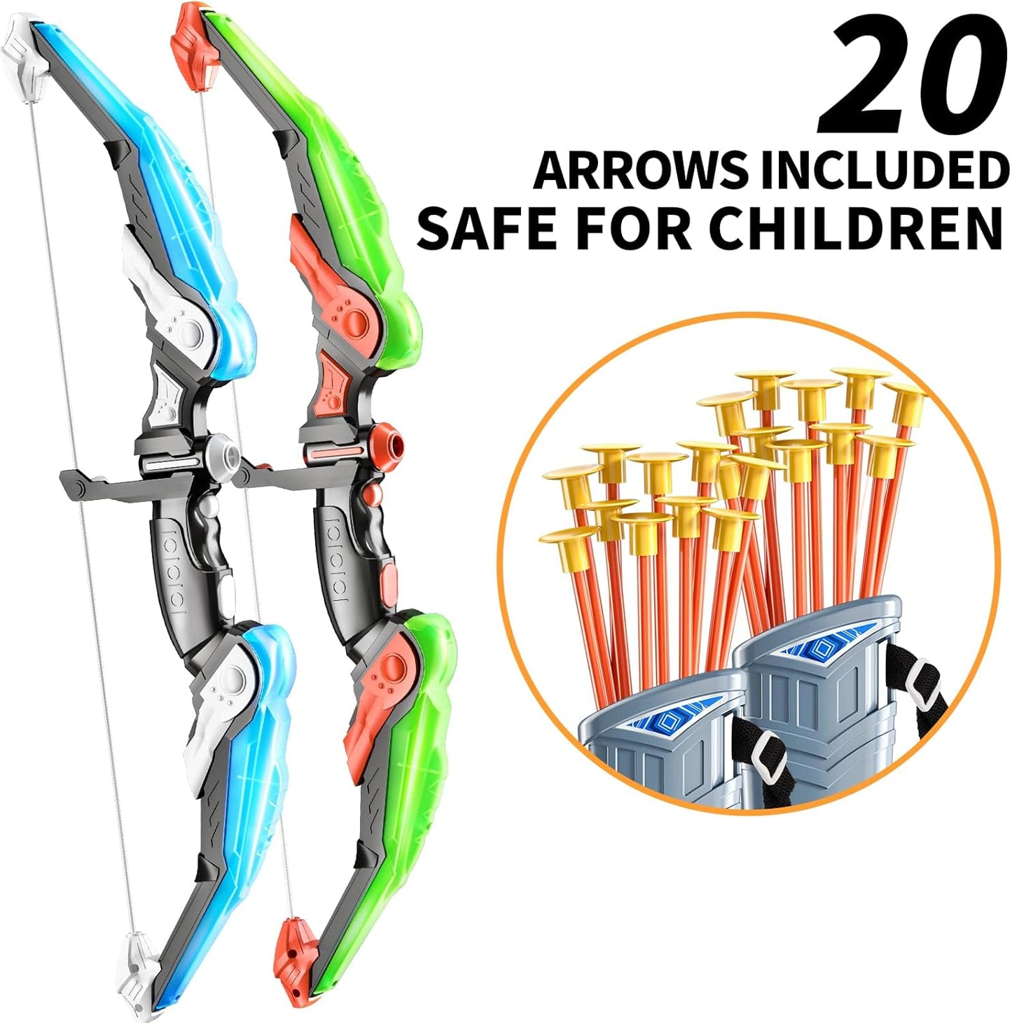 2 Pack Set Bow and Arrow Archery Toy for Kids, LED Light Up with 20 Suction Cup Arrows Target & Quiver, Outdoor Toys Kids Boys Girls Ages 3-12 Years Old
