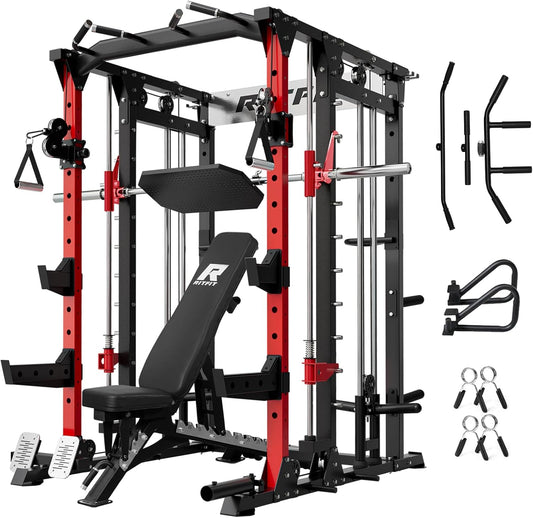 RitFit Buffalo Smith Machine, Power cage with LAT-Pull Down System & Cable Crossover System, All-in-One Squat Rack for Home Gym, Power Rack