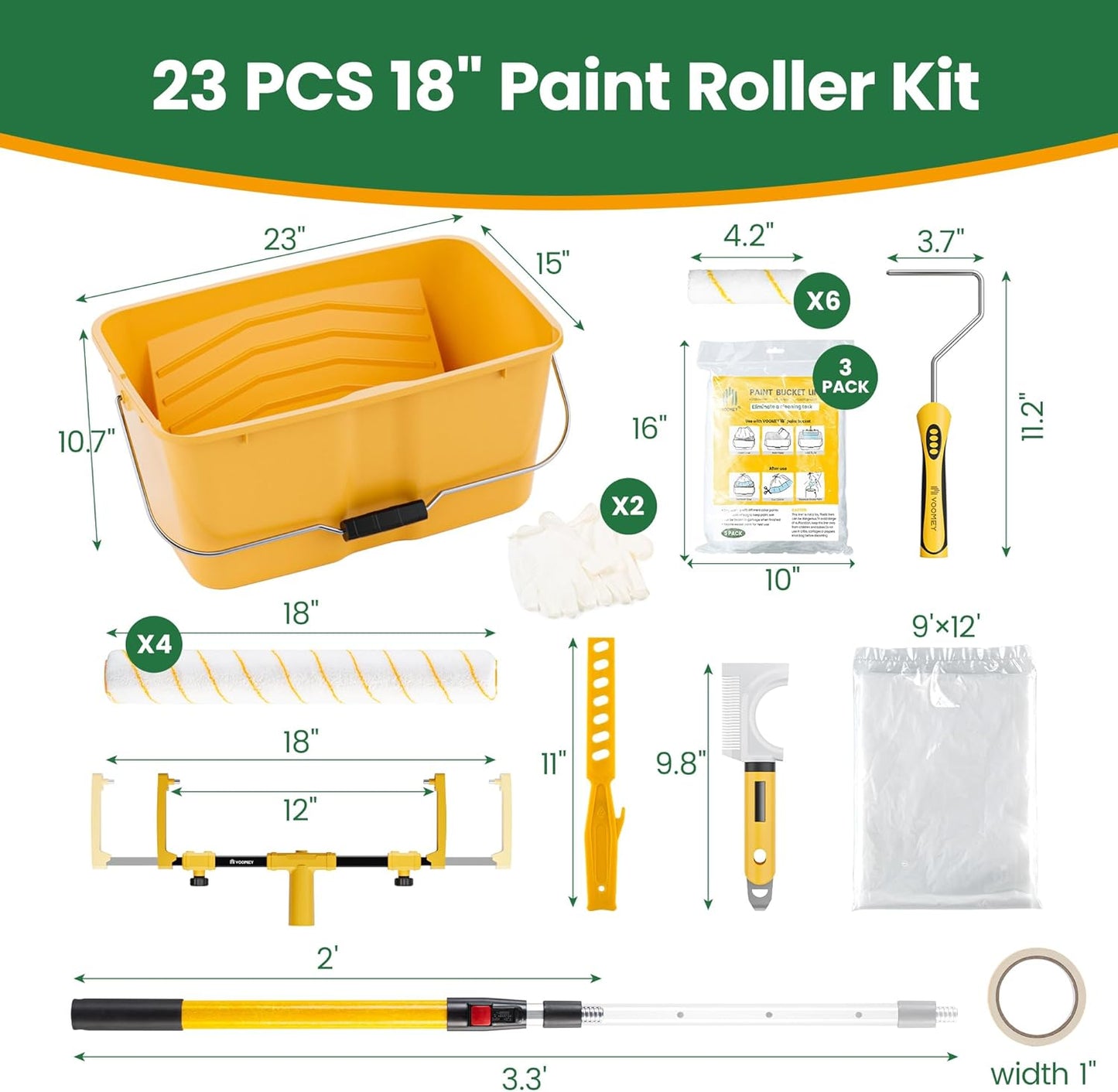VOOMEY 23PC 18 Inch Paint Roller Kit,18" Paint Bucket, Small Paint Roller Set,Microfiber Paint Roller Covers,Paint Roller Extension Pole,Makes Working on Your Large Painting Projects Easy and Fast