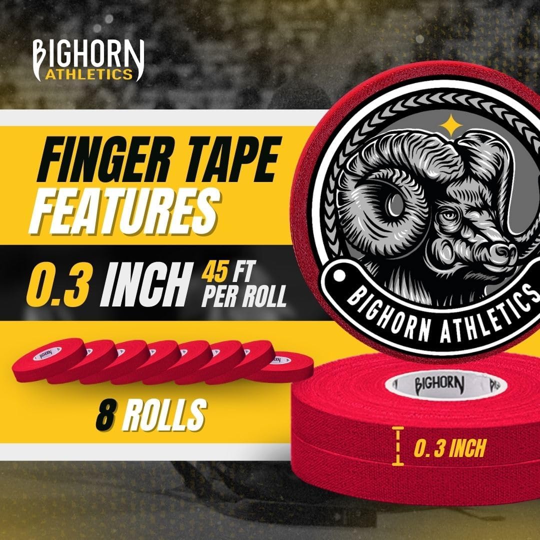 Bighorn Athletics Jiu Jitsu Finger Tape | Residue-Free Athletic Finger Tape for Sports & Injuries: Rock Climbing, Volleyball, Football, Basketball, Hands & Toes | 0.3-Inch x 45-feet, 8-Rolls, Red