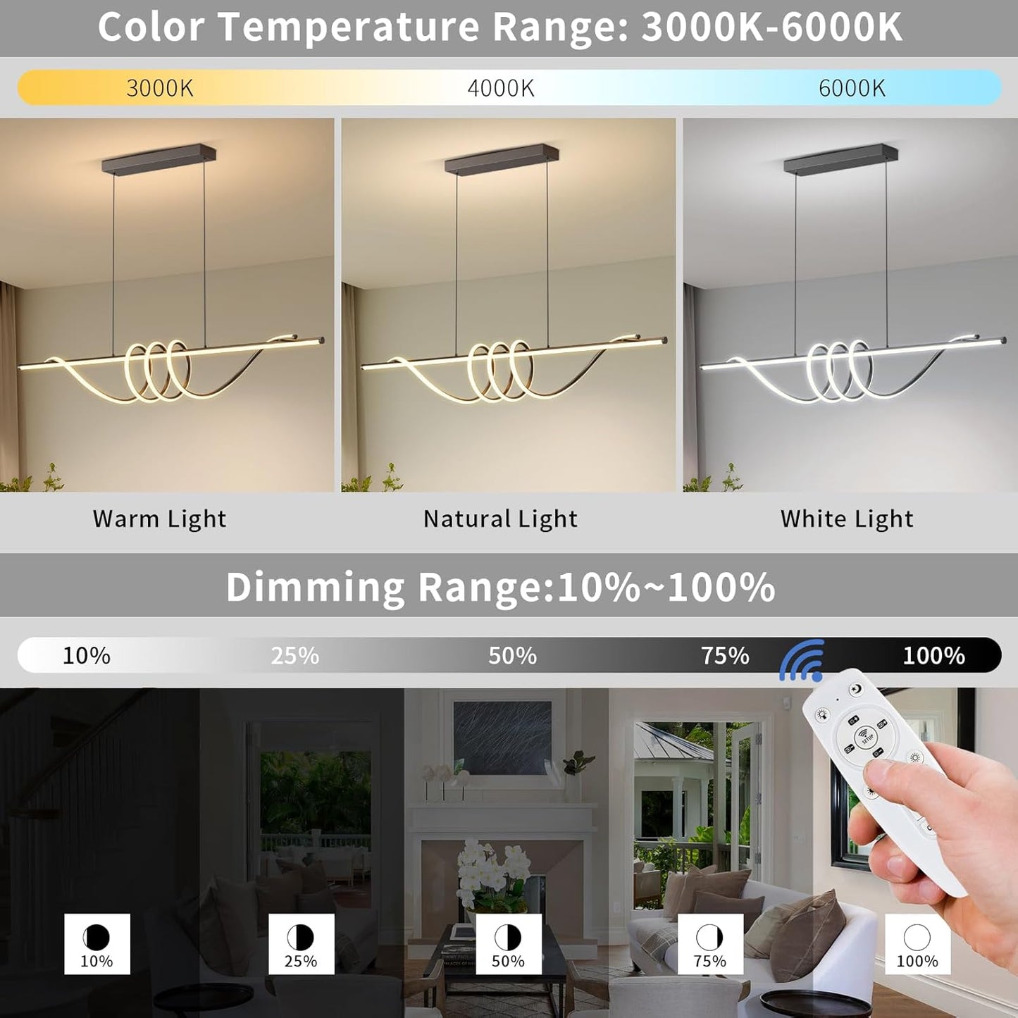 Modern Ceiling Chandelier, 57in Pendant Lights Dimmable with Remote Control 3000k-6000K Adjustable Color Temperature, Aluminum Island Lighting Lamp Fixture for Kitchen, Dining Room