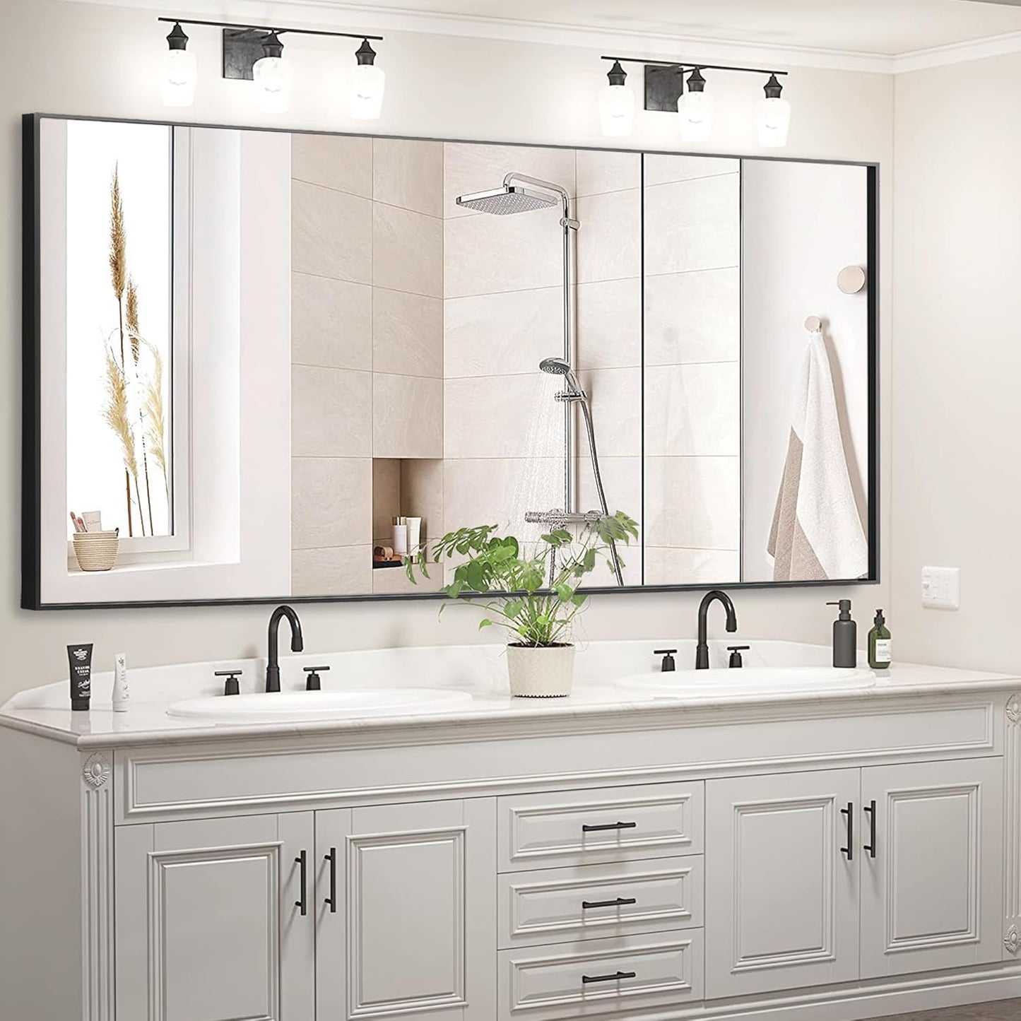 55x30 Inch Black Bathroom Mirror for Wall, Aluminum Frame Rectangle Rectangular Vanity Mirror, Modern Large for Bedroom, Living Room, Horizontal or Vertical