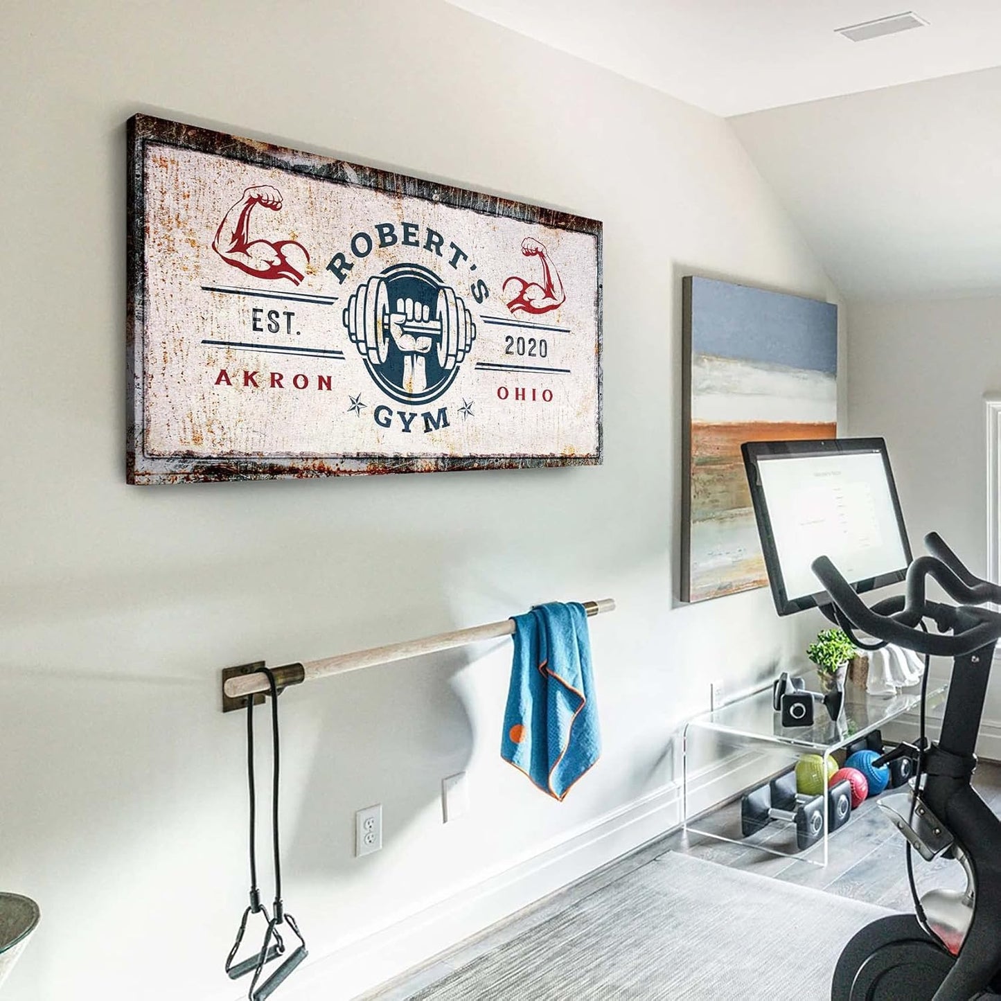 Tailored Canvases Personalized Gym Sign Wall Art Decor - Motivational Canvas for Home Gym, Workout Room, Garage, Fitness Center - Workout Inspirational Posters - One Hand with Dumbbell on Rustic, 20x10in
