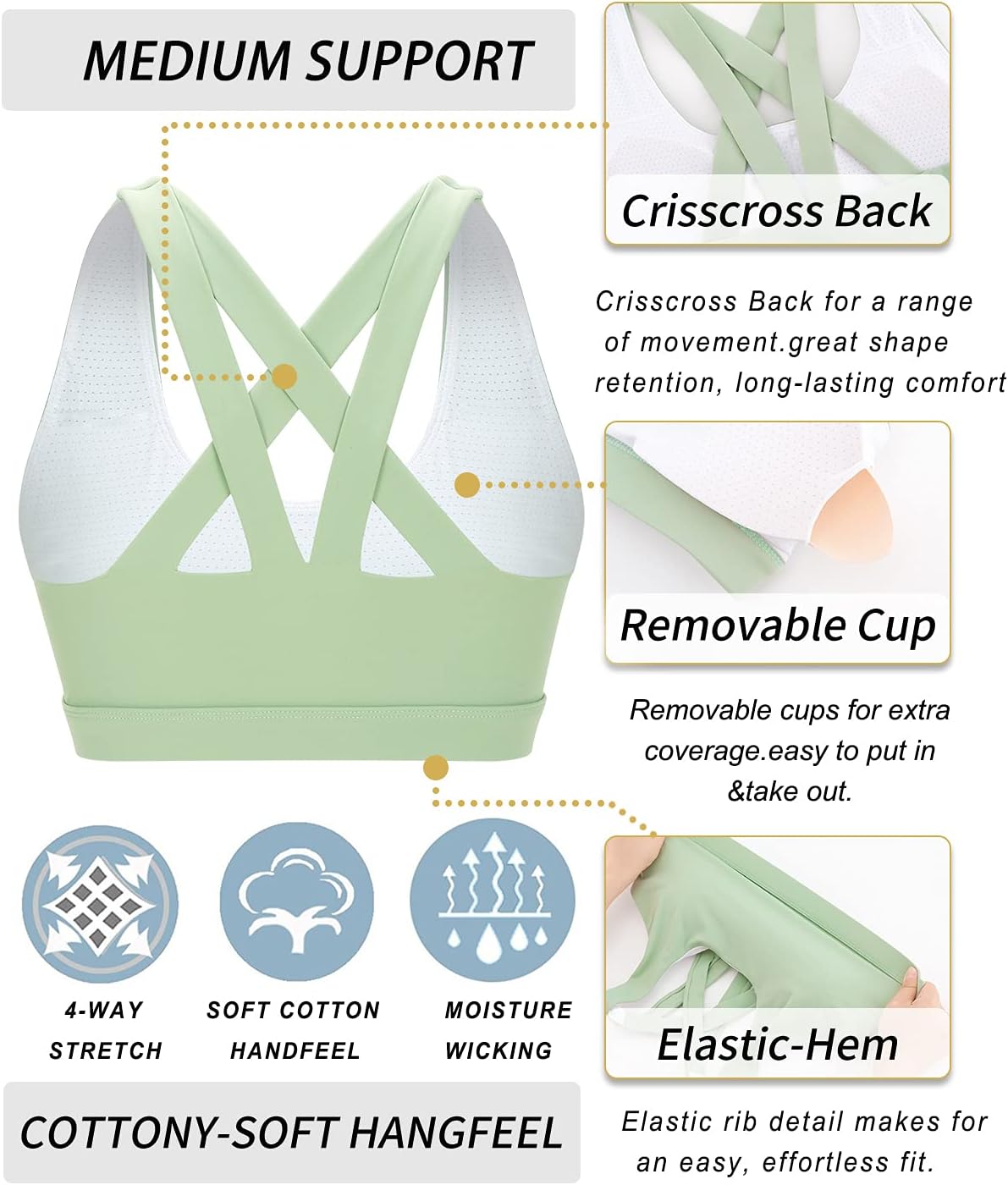 RUNNING GIRL Sports Bra for Women, Criss-Cross Back Padded Strappy Sports Bras Medium Support Yoga Bra with Removable Cups