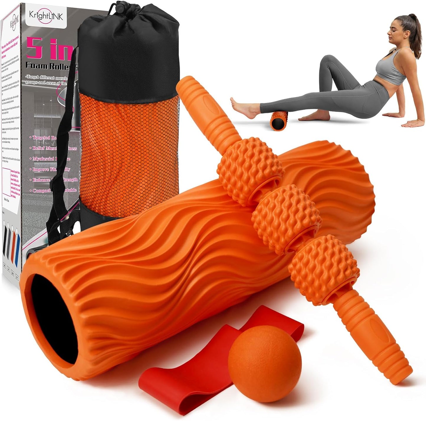 5-in-1 Foam Roller Set, Massage Roller Stick, Massage Ball, Resistance Band for Deep Muscle Massage, Trigger Point Release, Pilates, Yoga (Orange-Wave)