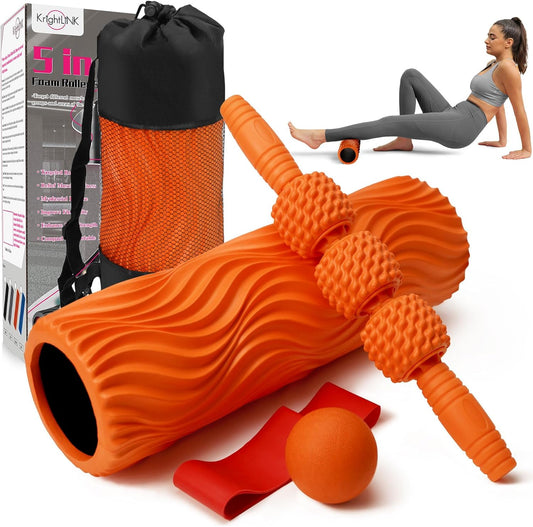 5-in-1 Foam Roller Set, Massage Roller Stick, Massage Ball, Resistance Band for Deep Muscle Massage, Trigger Point Release, Pilates, Yoga (Orange-Wave)