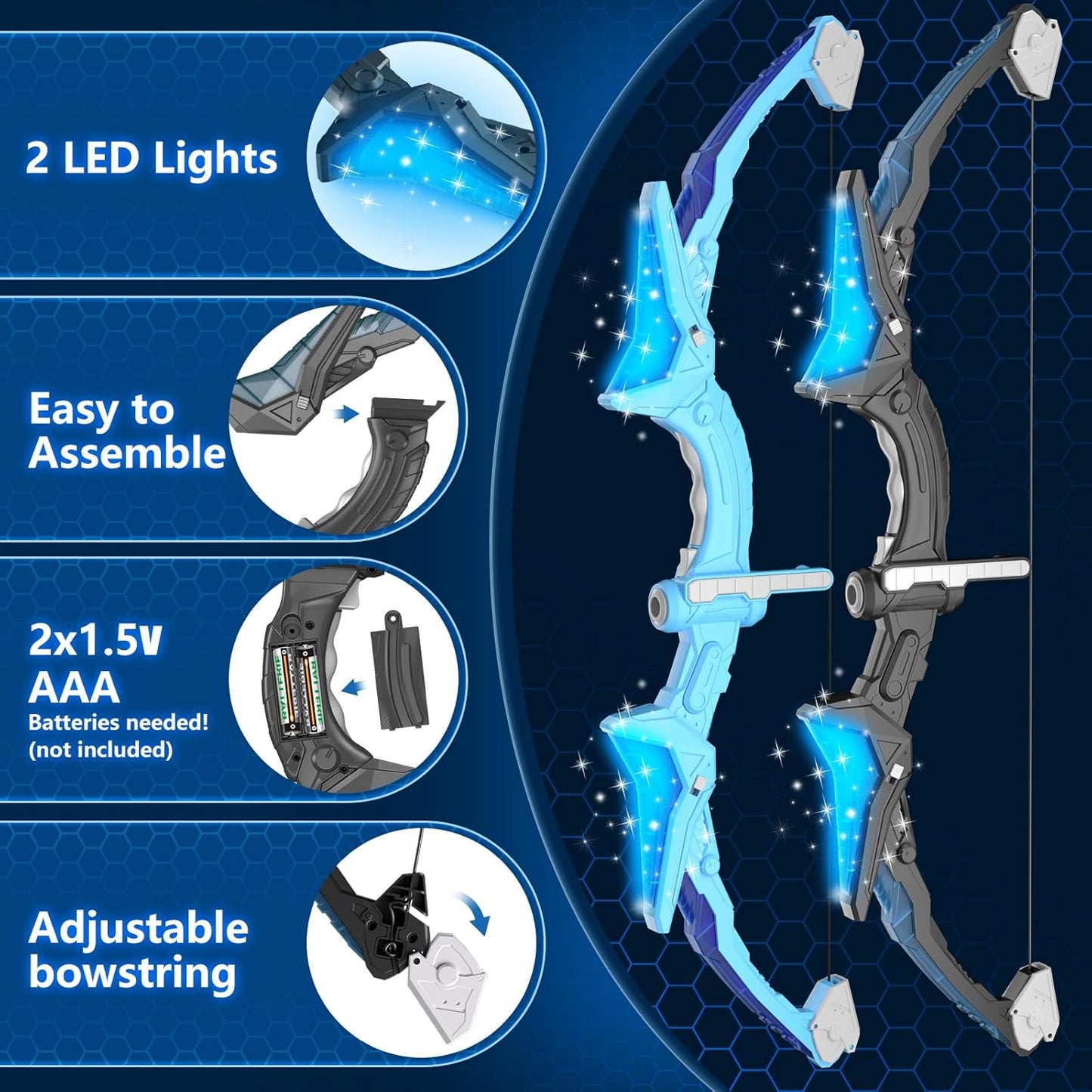 2 Pack Kids Bow and Arrow, 20 Suction Cup Arrows, 2 Archery Targets&Quiver, Light-up Set for 4 5 6 7 8 9 10 11 12 Year Old, Indoor Outdoor Toys for Ages 5-7 8-13 Boys Girls(Black & Blue)