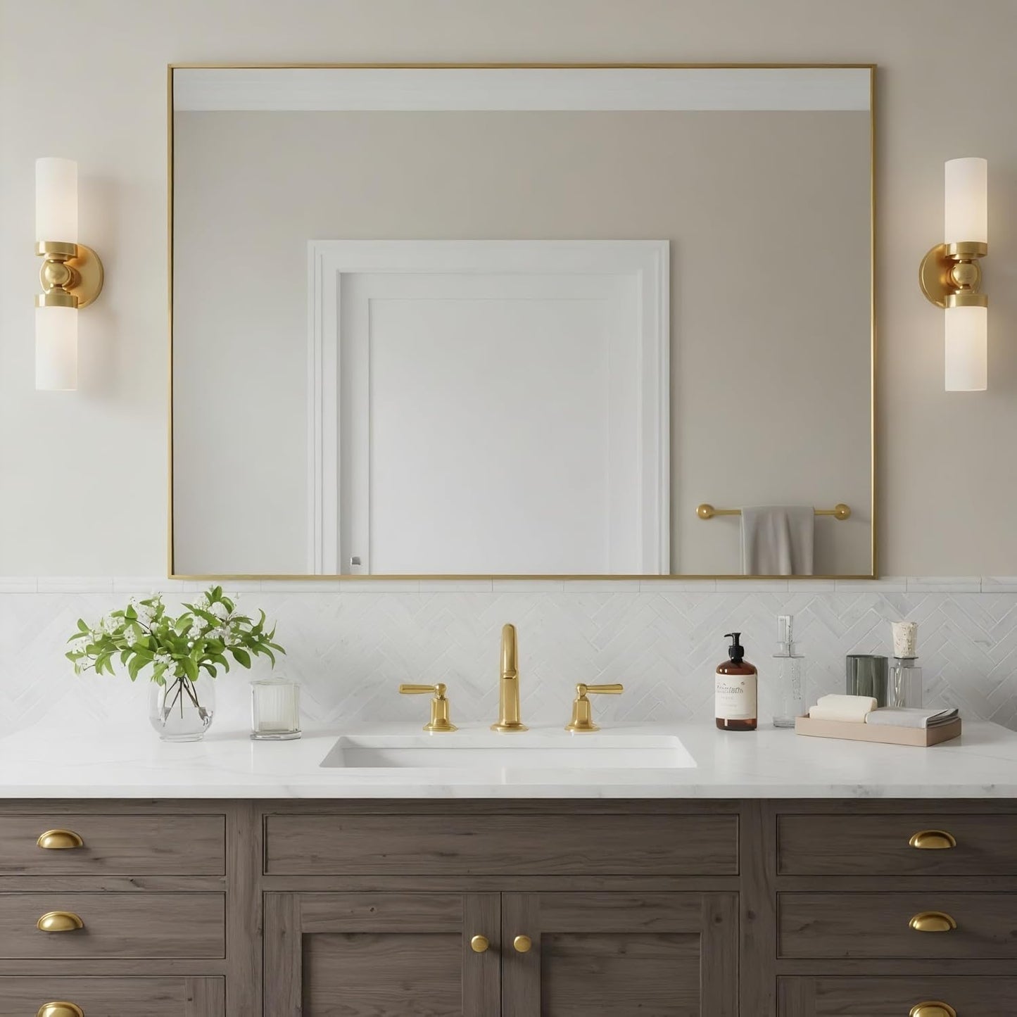 30x40 Inch Brass Bathroom Mirror for Wall, Aluminum Frame Rectangle Rectangular Vanity Mirror, Modern Large for Bedroom, Living Room, Horizontal or Vertical