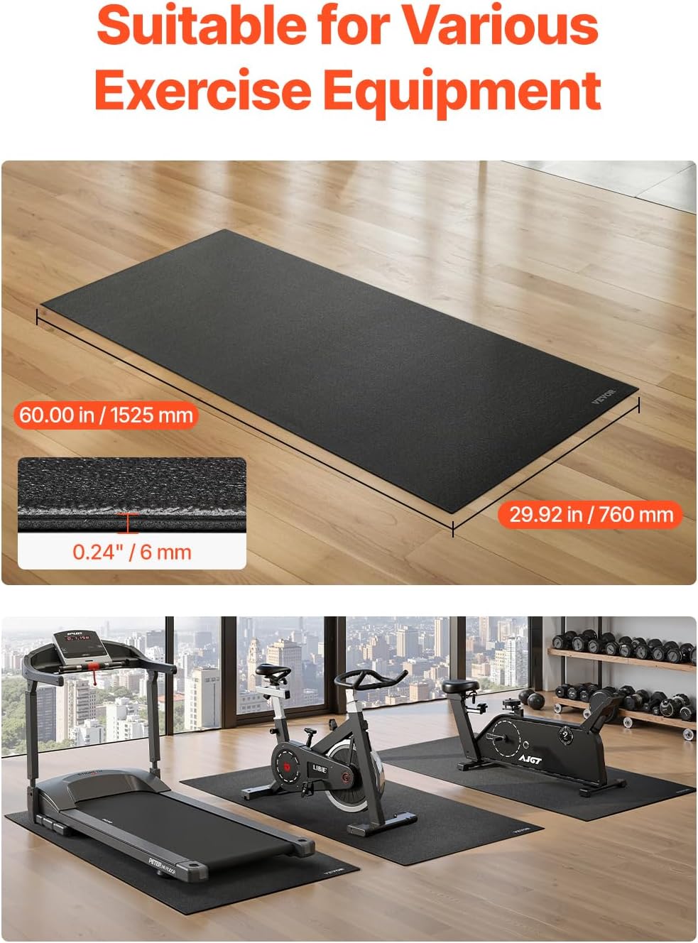 VEVOR Treadmill Mat for Carpet Floor, Exercise Equipment Mat for Treadmills, Stationary & Recumbent Bikes, High Density PVC Floor Protector Gym Mats, Waterproof and Non-Slip for Home Gym