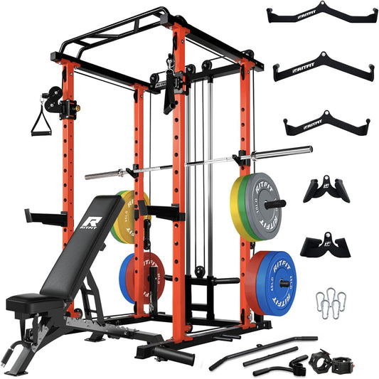 RitFit Multi-Function Squat Rack Power Cage PPC03 with Cable Crossover System, 1000LBS Capacity Power Rack and Packages with Optional Weight Bench, Barbell Weight Set, for Garage Workout & Home Gym