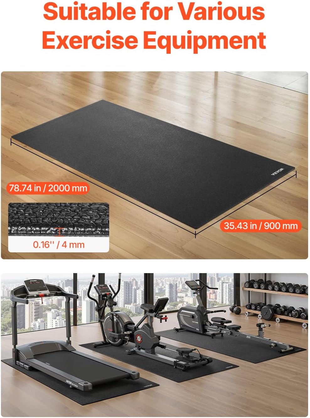 VEVOR Treadmill Mat for Carpet Floor, Exercise Equipment Mat for Treadmills, Stationary & Recumbent Bikes, High Density PVC Floor Protector Gym Mats, Waterproof and Non-Slip for Home Gym