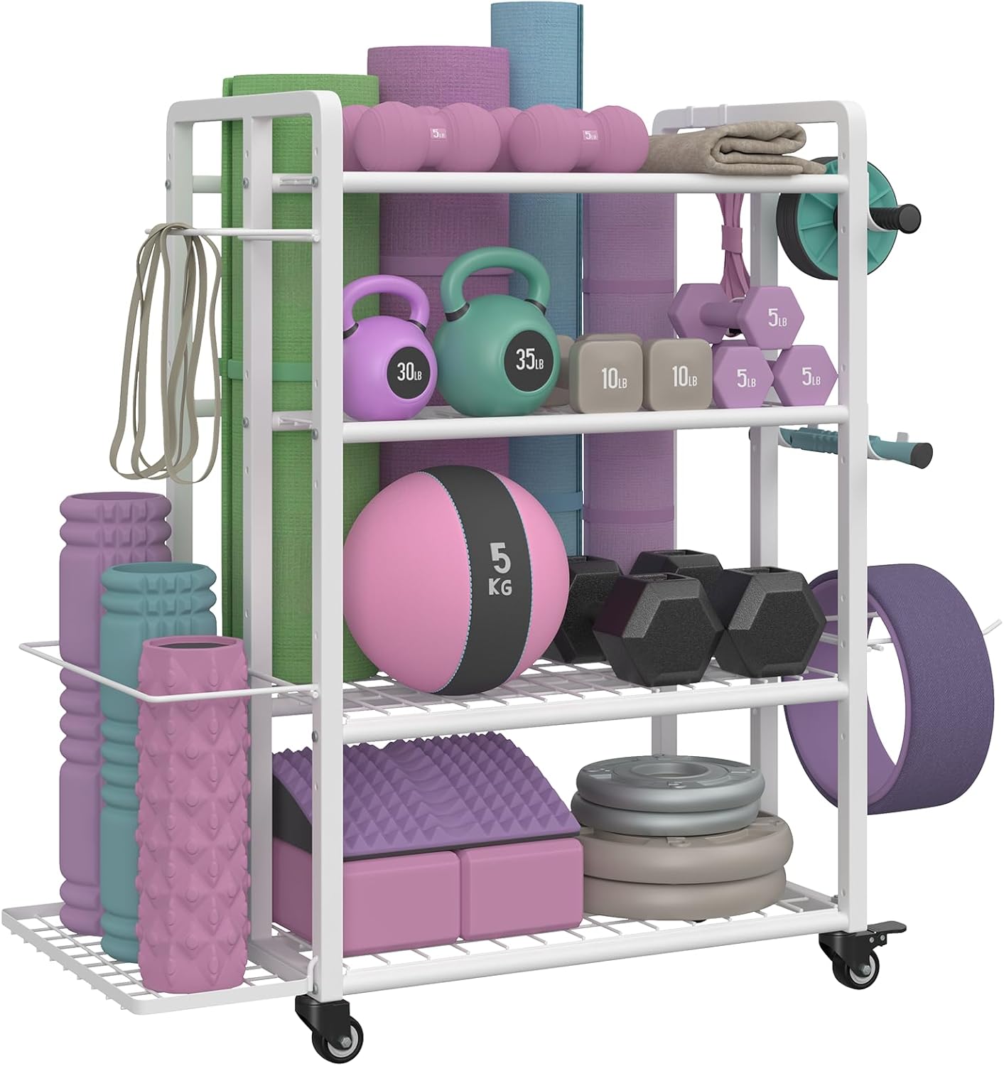4-Tier Dumbbell Rack Stand Only, Adjustable Weight Rack for Dumbbells Kettlebells Yoga Mat, Home Gym Storage Rack with Wheels and Hooks, Powder Coated Finish