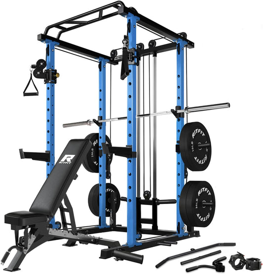 RitFit Multi-Function Squat Rack Power Cage PPC03 with Cable Crossover System, 1000LBS Capacity Power Rack and Packages with Optional Weight Bench, Barbell Weight Set, for Garage Workout & Home Gym