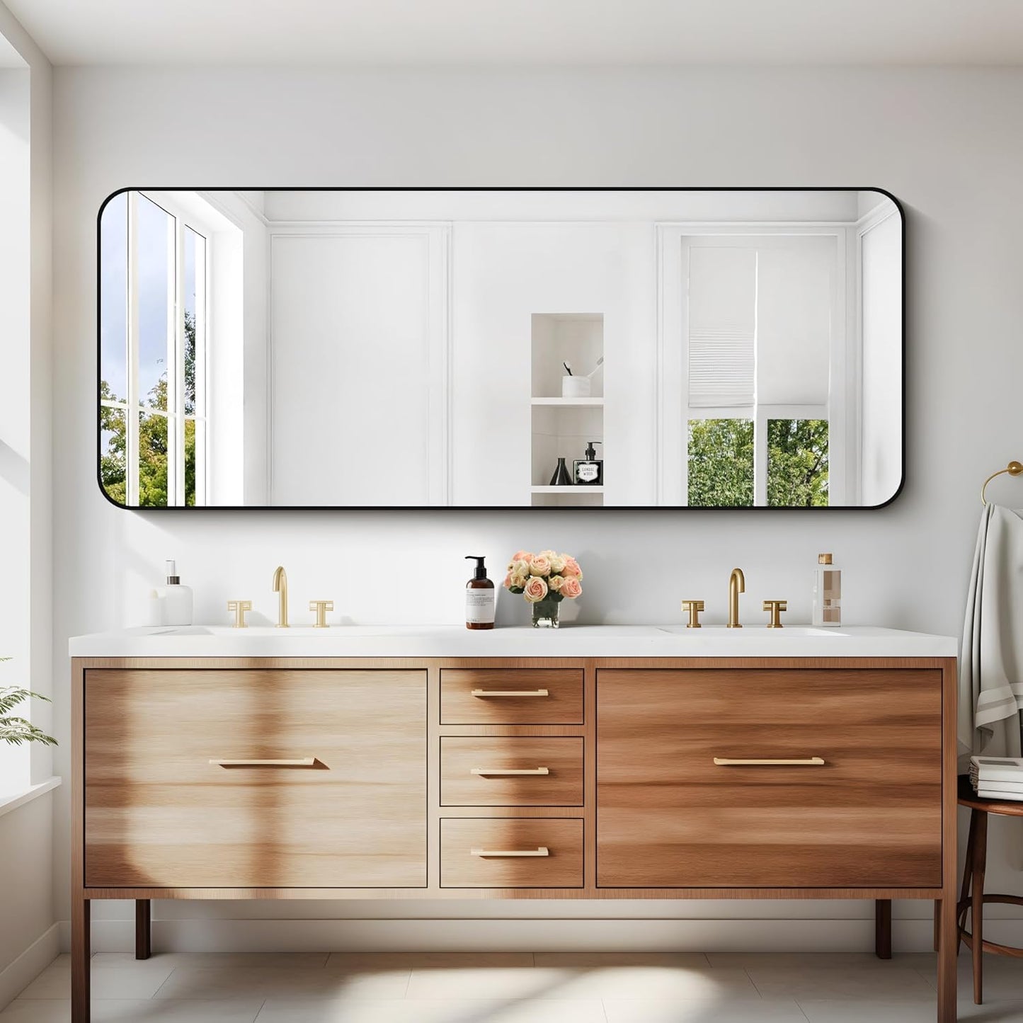 60" x 24"Bathroom Mirror, Matte Black Wall Mirror with Metal Frame, Decorative Rectangular Vanity Mirror for Bedroom Bathroom Living Room Entryway (Horizontal/Vertical)