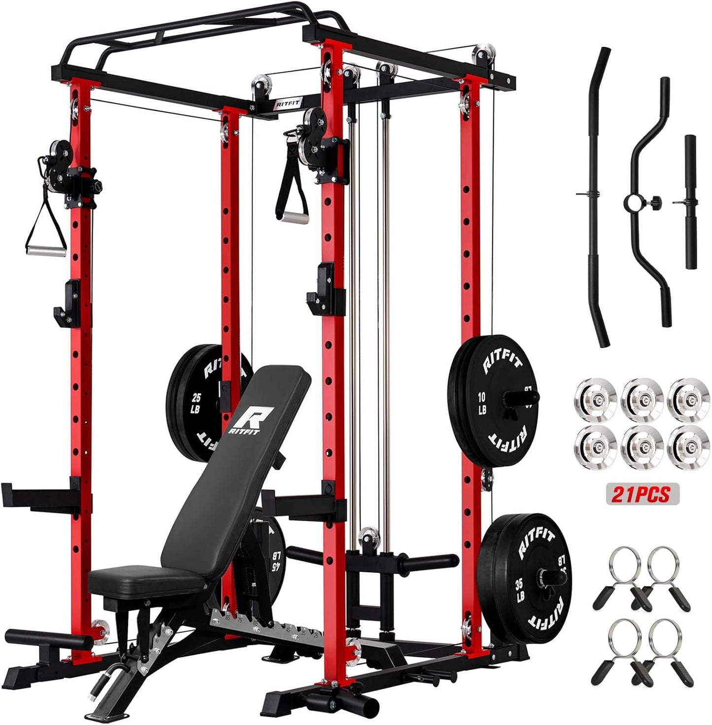 RitFit Power Cage with Optional LAT PullDown/Cable Crossover, 1000LB Squat Rack for Home & Garage Gym, with Weight Storage Rack and More Training Attachments, ASTM-Certified
