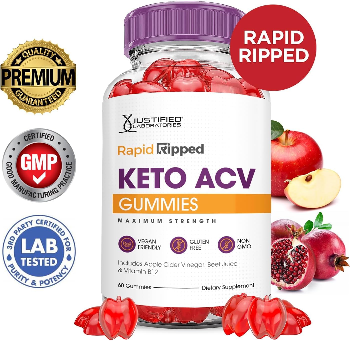 Justified Laboratories Rapid Ripped Keto ACV Gummies Advanced Formula 1000MG Rapidripped Keto Gummies Apple Cider Vinegar Formulated with Pomegranate Beet Juice Powder B12 Vegan Non GMO 300 Gummys