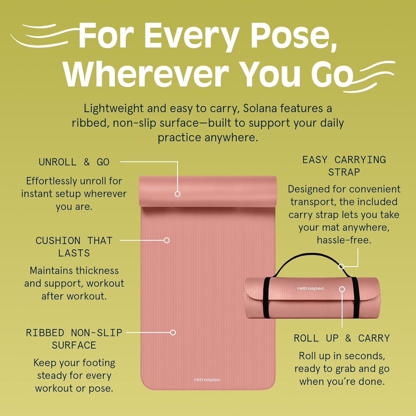 Retrospec Solana Yoga Mat 1" Thick With Nylon Carry Strap for Men & Women - Non Slip Exercise Mat for Home Yoga, Pilates, Stretching, Floor & Fitness Workouts