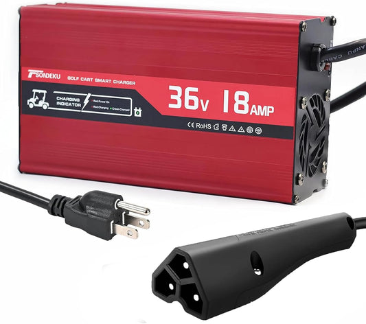 36V Golf Cart Battery Charger for EZGO RXV & TXT - 3-Pin Triangular Plug, 18 AMP, Trickle Charger Tech, 4-6H Fast Charge, 16FT Cord, Aluminum Shell