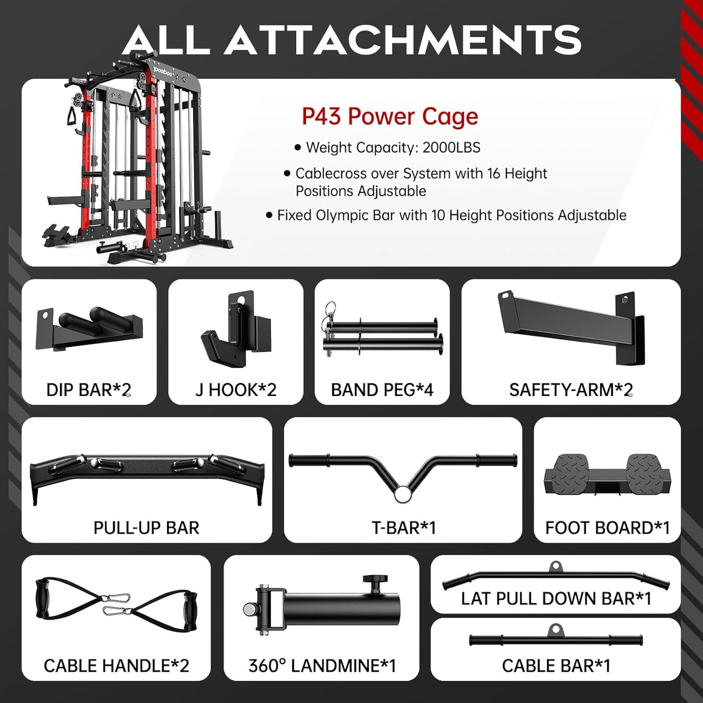 Pooboo Multi-Functional Machine Power Cage, 2000LB Squat Rack, LAT-Pull Down System, Dual Pulley Cable Crossover System, Home Gym Workout Machine with Strength Training Attachments