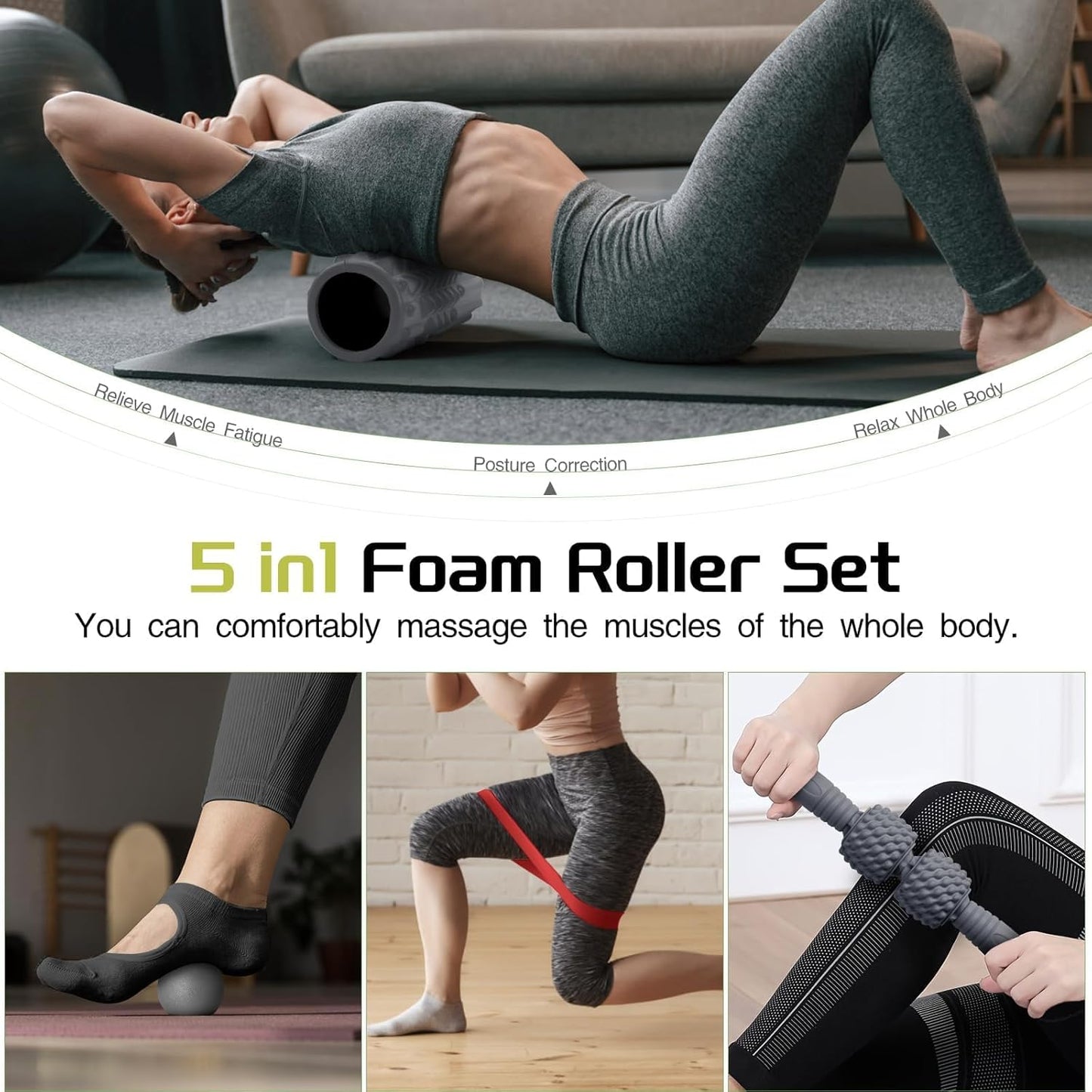 5-in-1 Foam Roller Set, Massage Roller Stick, Massage Ball, Resistance Band for Deep Muscle Massage, Trigger Point Release, Pilates, Yoga (Grey)