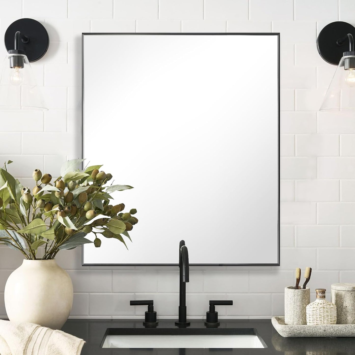20x30 Inch Black Bathroom Mirror for Wall, Aluminum Frame Rectangle Rectangular Vanity Mirror, Modern Large for Bedroom, Living Room, Horizontal or Vertical