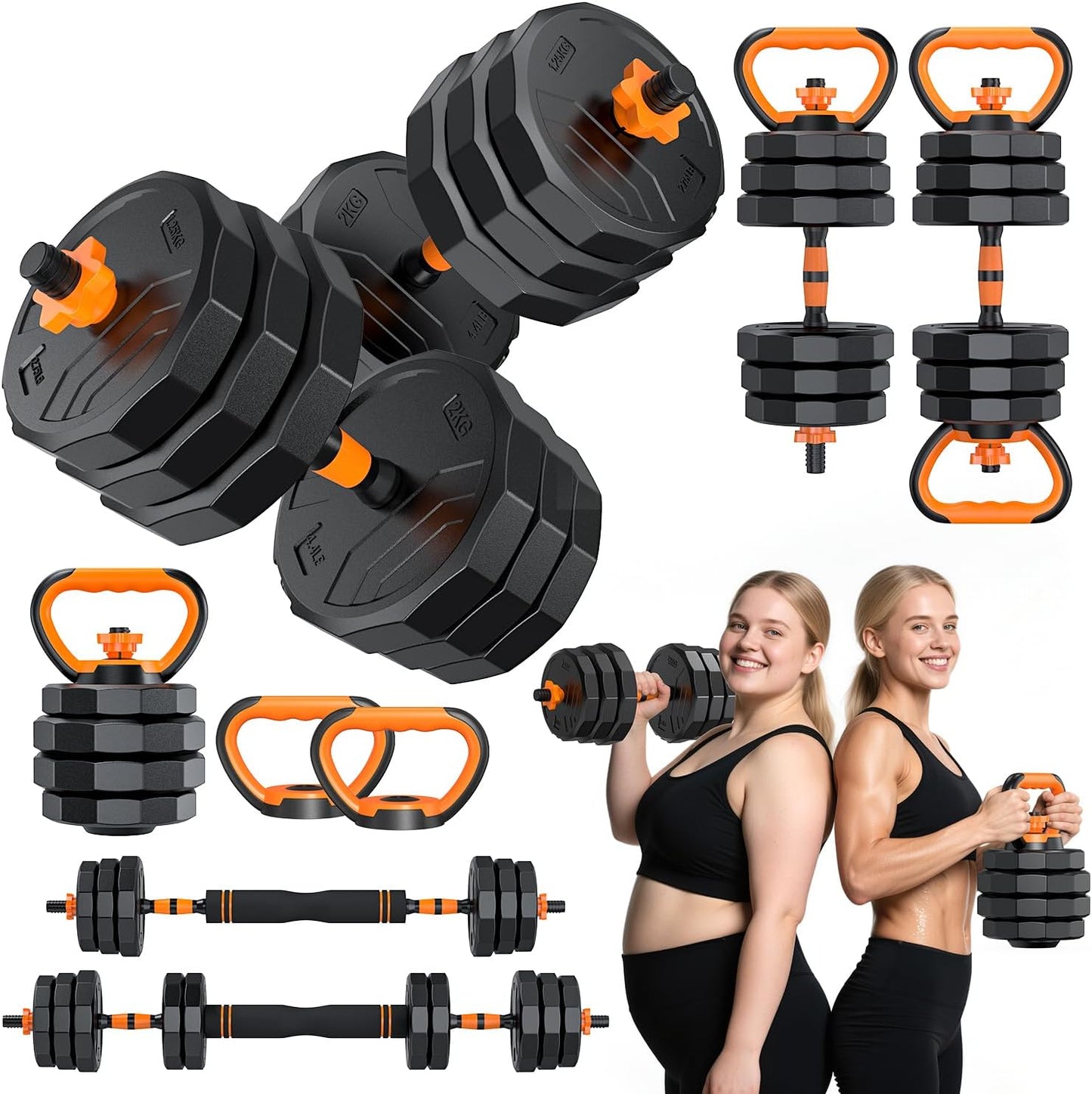 5-in-1 Adjustable Dumbbell Set, 33/44/66/88lbs Free Weights Set with Connector, Used as Kettlebells, Barbell, Push up Stand, Standard 1" Plates, Fitness Exercises for Home Gym Suitable Women/Men