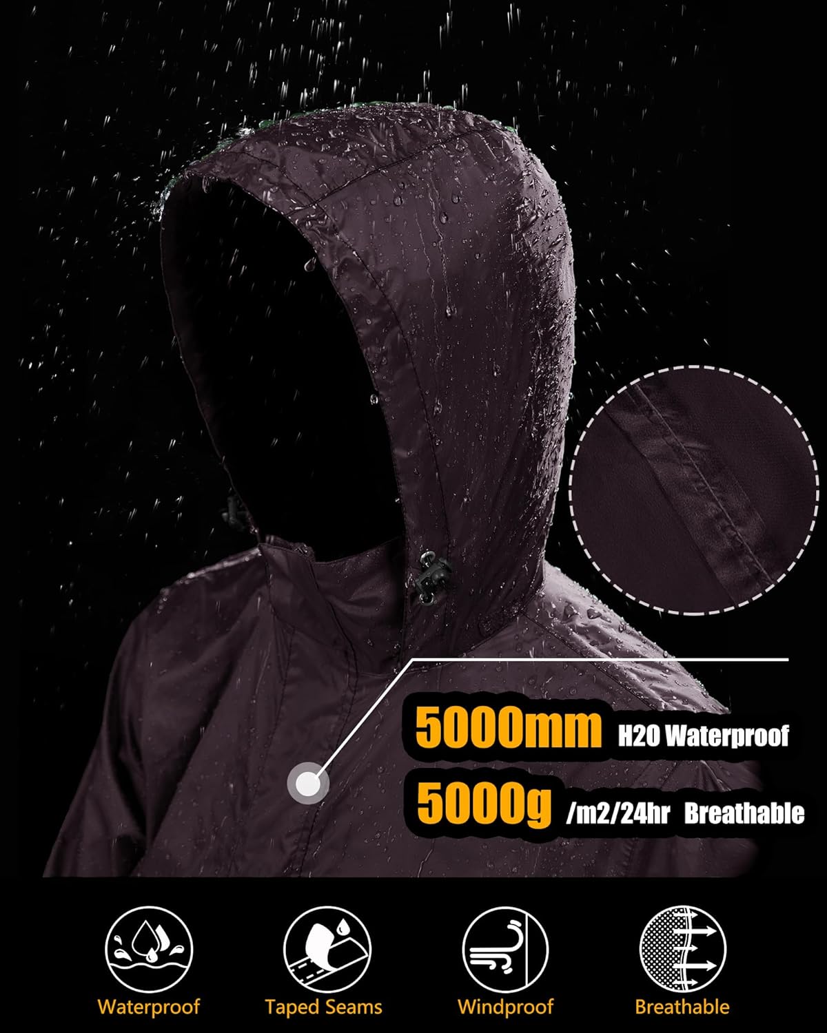 33,000ft Men's Pullover Rain Jacket Waterproof with Hood Lightweight Packable Raincoat Windbreaker for Golf Travel