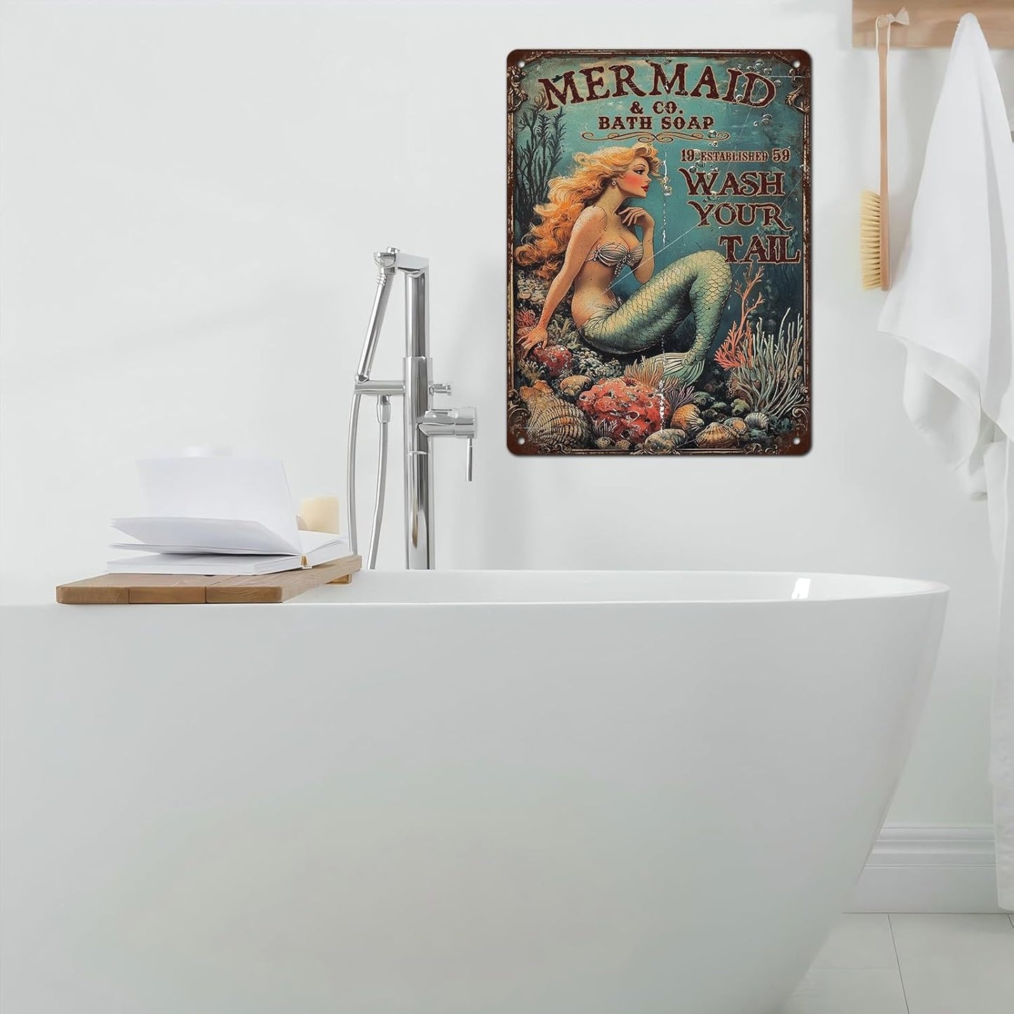 Retro Mermaid Tin Sign Wash Your Tail Vintage Metal Poster Funny Bath Soap Wall Art Toilet Bathroom Man Cave Bar Cafe Indoor Living Room Garage 12 * 16inch