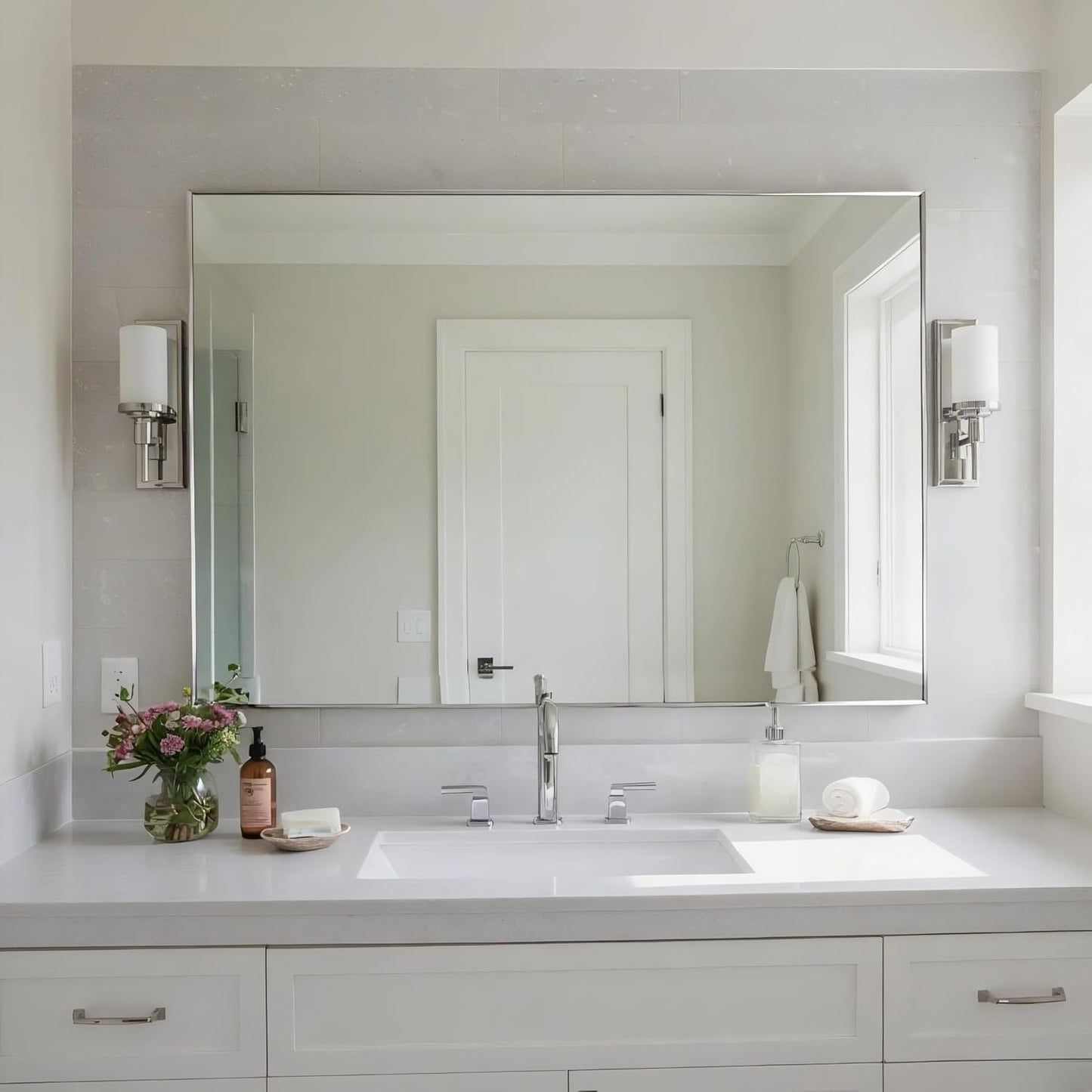 27x36 Inch Nickel Bathroom Mirror for Wall, Aluminum Frame Rectangle Rectangular Vanity Mirror, Modern Large for Bedroom, Living Room, Horizontal or Vertical